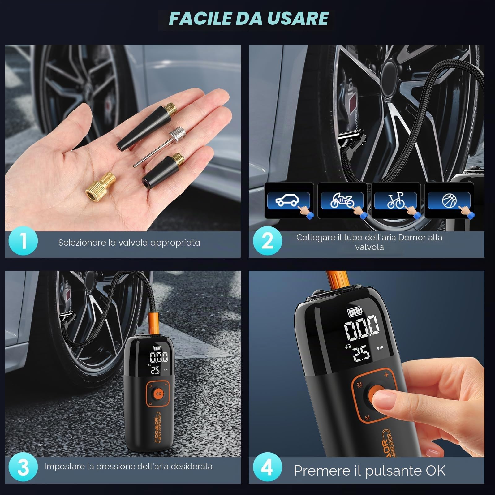 Compressore Aria Portatile, Compressore Portatile, Compressore Portatile Moto 150 PSI (10,3 Bar), Inflazione Rapida, Spegnimento Automatico, LED, per Auto, Moto, Bicicletta, Palla