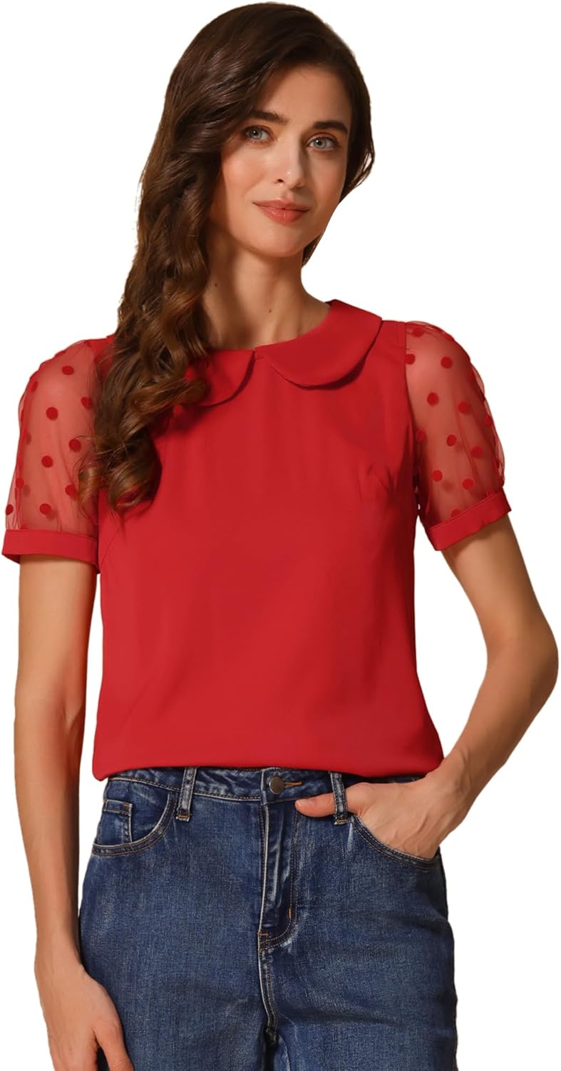 Allegra K Women's Peter Pan Collar Shirt Tops Short Sleeve 1950s Vintage Polka Dots Mesh Sleeve Blouse