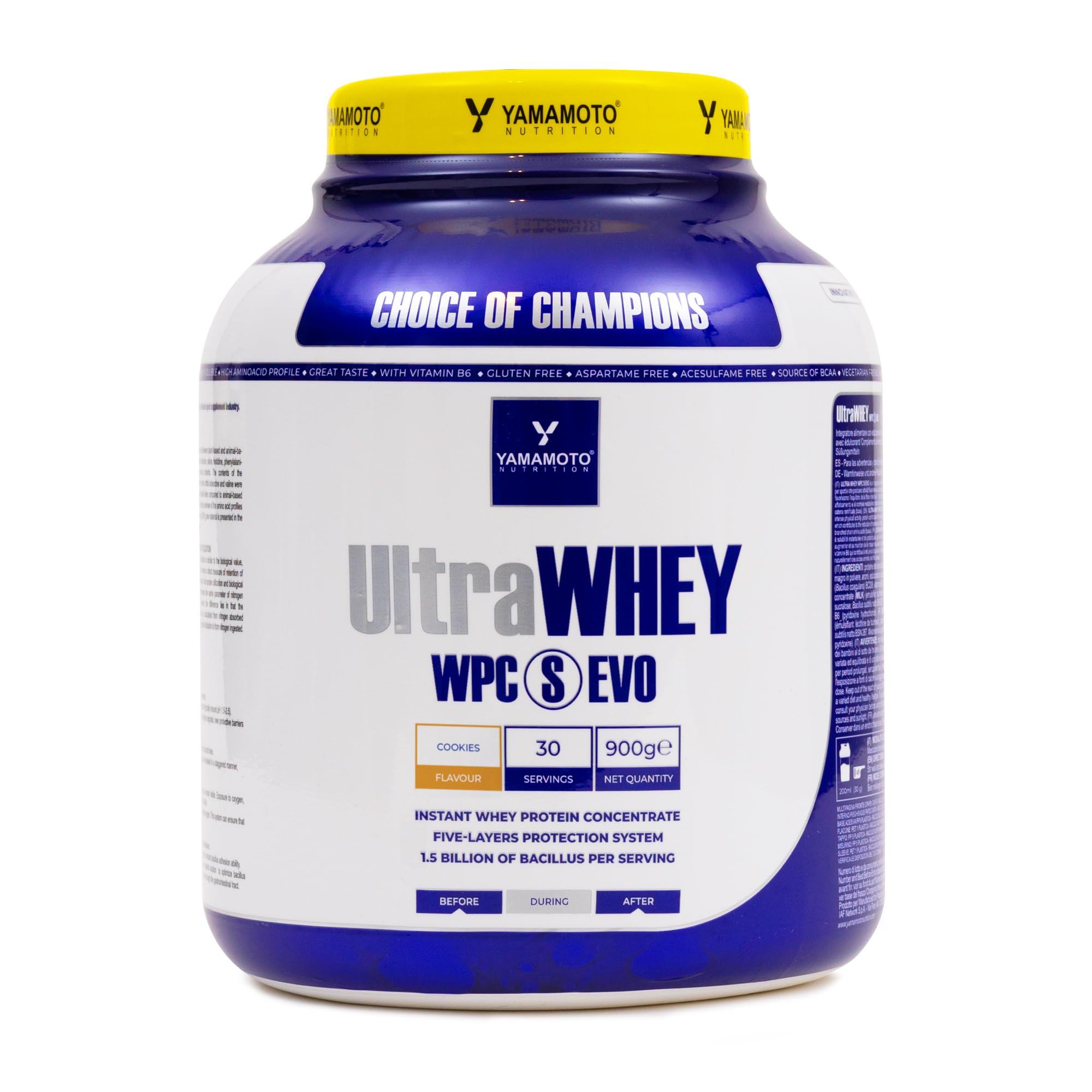 YAMAMOTO NUTRITION Ultra Whey WPC S EVO 900 gr, Integratore Alimentare di Proteine del Siero Concentrate e Spore di Bacillus, Aumento Massa Muscolare, Gusto Biscotto