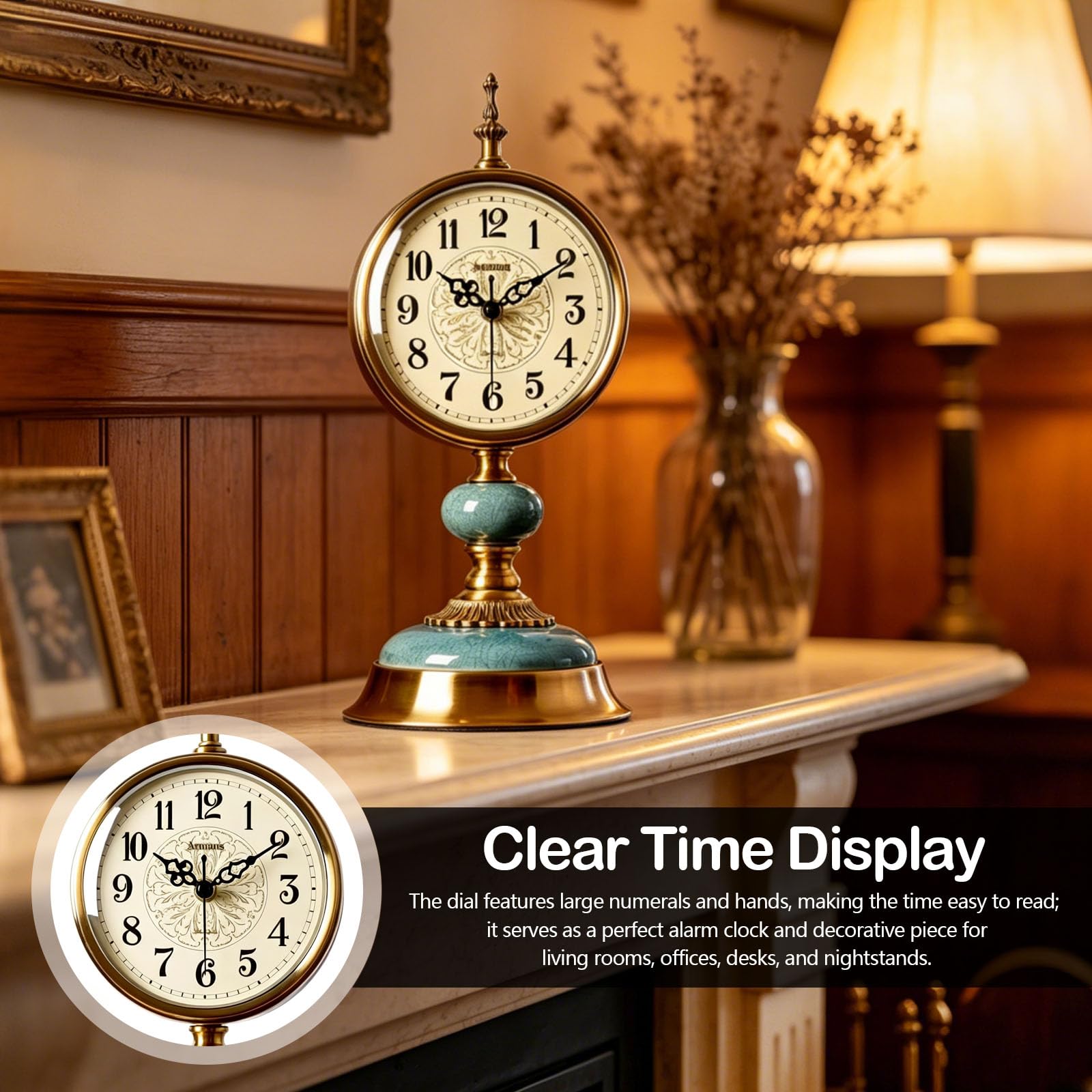 Vintage Tischuhr Standuhr, Antike Metall Schreibtischuhr Batteriebetrieben, Retro Stille Tischuhren ohne Ticken für Kaminsims Regal Wohnzimmer Tischdekoration Schlafzimmer Wohnzimmer Büro