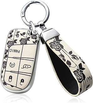 TPU and Leather Key Fob Cover Full Protection Suitable for Dodge,Key Cover Case for Jeep Grand Cherokee Renegade Compass 3 4 5 Buttons Smart Key Car Accessories Holder Protector (White Rose)