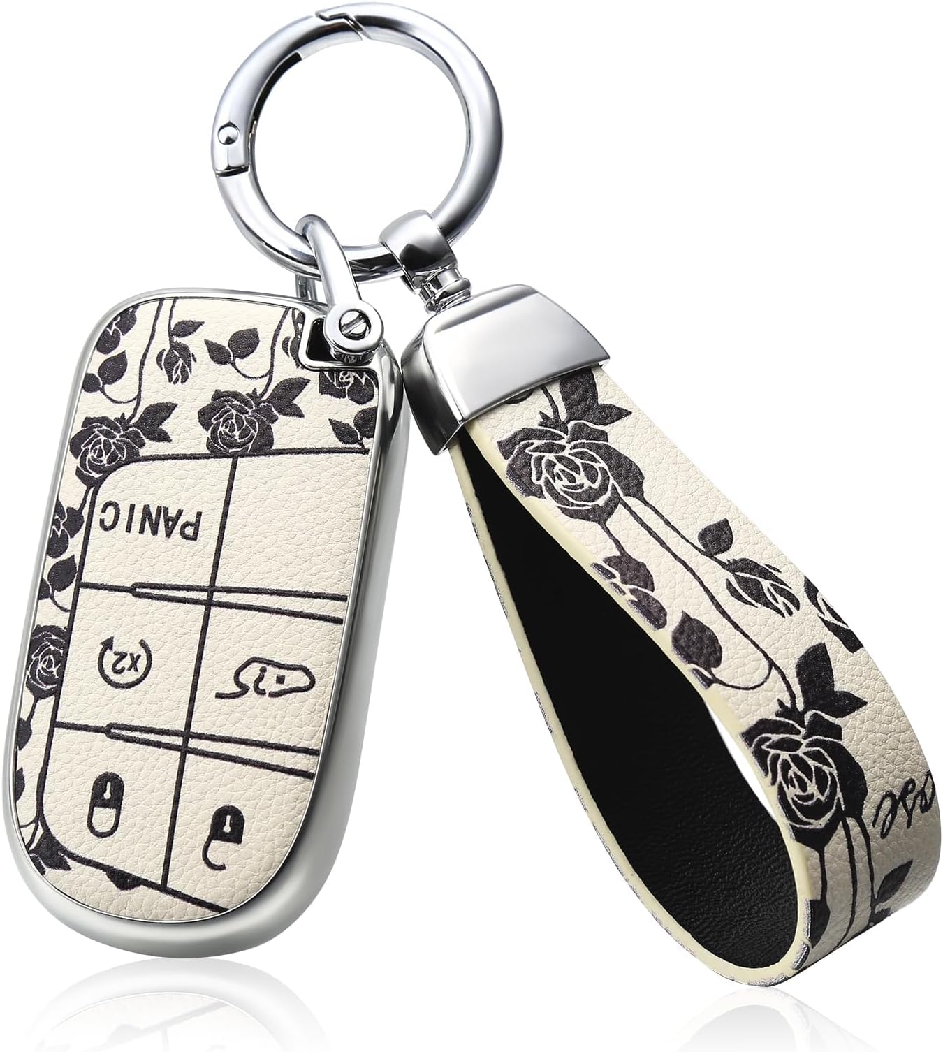TPU and Leather Key Fob Cover Full Protection Suitable for Dodge,Key Cover Case for Jeep Grand Cherokee Renegade Compass 3 4 5 Buttons Smart Key Car Accessories Holder Protector (White Rose)