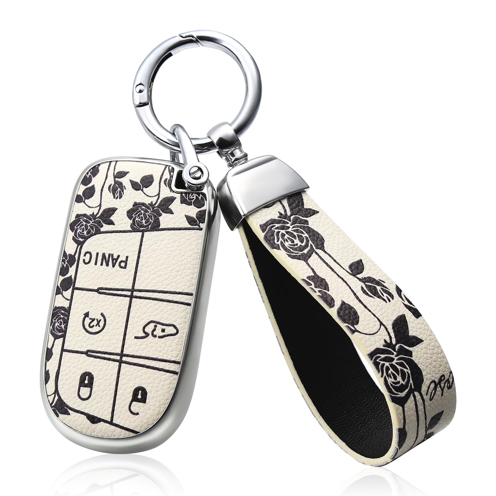 TPU and Leather Key Fob Cover Full Protection Suitable for Dodge,Key Cover Case for Jeep Grand Cherokee Renegade Compass 3 4 5 Buttons Smart Key Car Accessories Holder Protector (White Rose)