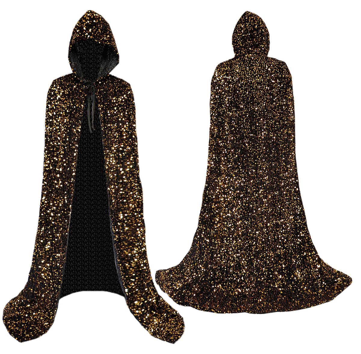 Coolwife Velvet Cloak Cape Wizard Hooded Party Halloween Cosplay Costumes for Men Women 53” (X Sequin Gold Black)