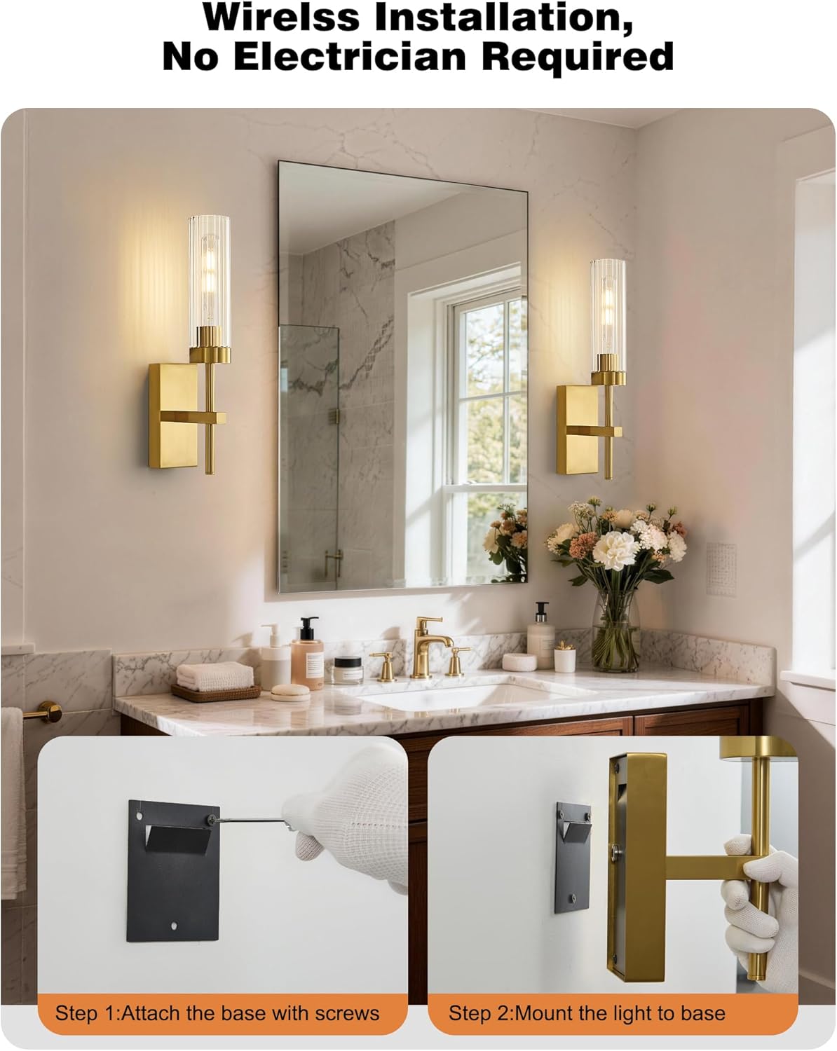 Gold Wireless Modern Battery Operated Wall Sconce Set of 2, Rechargeable Cordless Wall Lights with Remote, Dimmable Wall Lamp Decor for Bedroom Living Room Bathroom Hallway Entryway Stair