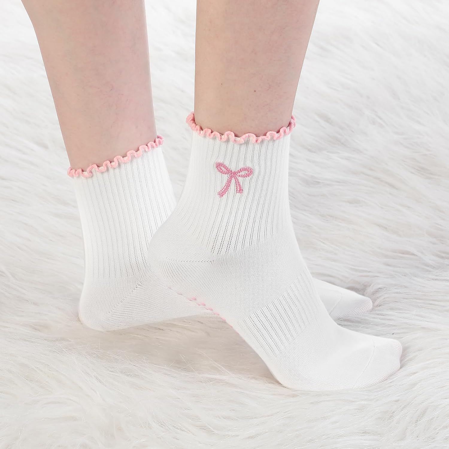 Jeyiour 4 Pairs Cute Pilates Grip Socks for Women, Ruffle Non Slip Crew Grippy Yoga Socks with Bow for Gym Ballet Barefoot - Image 5