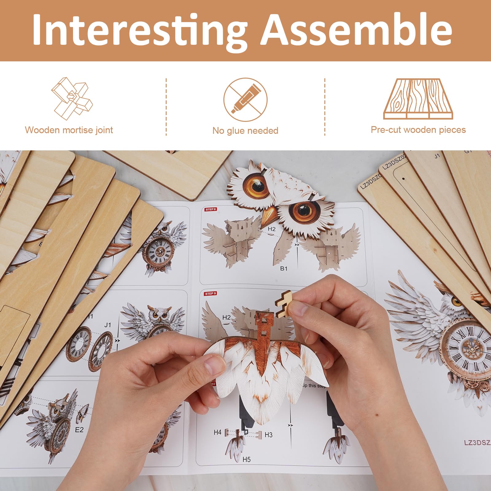 Lilcubics 3D Wooden Puzzles for Adults Snowy Owl Wall Clock Kit, Model Kits to Build, DIY Puzzle Owl Gifts - Image 4