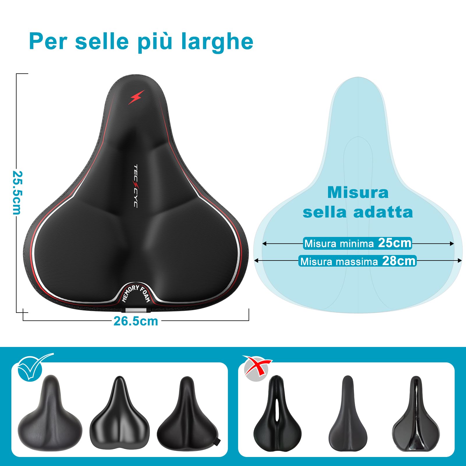TECHCYC Coprisella Bici con Coprisella Cyclette in Memory Foam a Doppio Strato, Cuscino Ergonomico per Coprisella Bici Imbottito da Donna e da Uomo Adatto alla Maggior Parte delle Biciclette