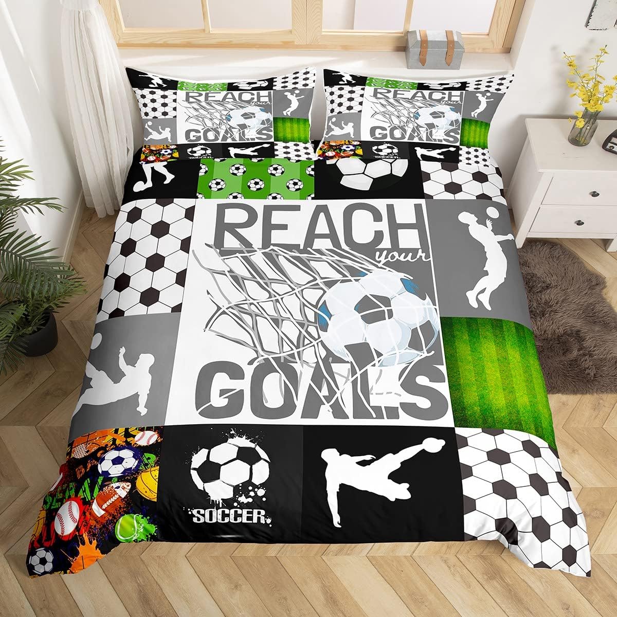 Feelyou Football Theme Duvet Cover Twin Size Soccer Ball Game Comforter Cover Gift for Football Lover Bedding Set Green Bedspread Cover for Kids Boys Girls Adults with 1 Pillow Case