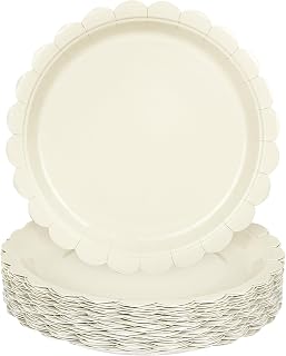 48 Pieces Ivory Paper Plates 9 Inch Scalloped Dessert Plates Disposable Ivory Cake Plate for Baby Shower Birthday Party Wedding Bridal Party Supplies