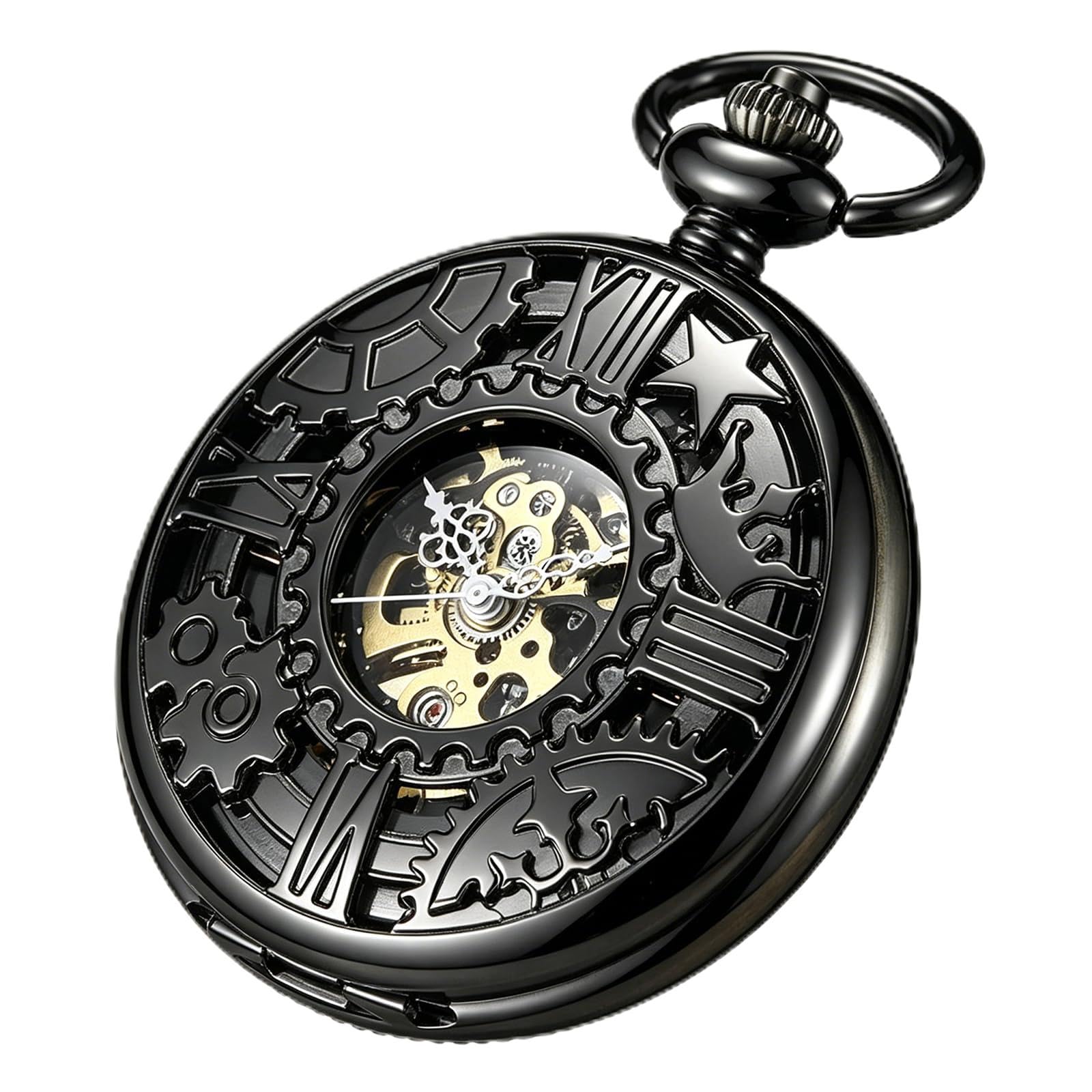 Fashion Skeleton Mechanical Pocket Watch, Antique Roman Numeral Dial Mechanical Pocket Watches for Men with Box