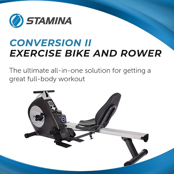 Stamina Conversion II Recumbent Exercise Bike and Rower - Cardio Machine with smart Workout App - Exercise Bike for Home Workout - Up to 250 lbs Weight Capacity | cardio machine with smart Workout App; Up to 250 lbs Weight Capacity