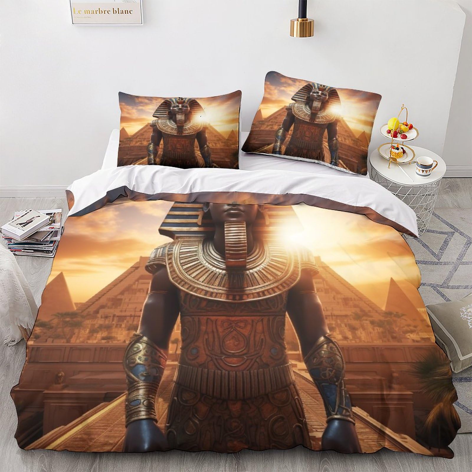 GEEYOU Ancient Egypt Breathable Duvet Cover Set Hidden Zipper Pharaoh Quilt Cover Set with Pillowcases Bedding Set Soft Microfiber Comforter Cover for Various Sizes Beds Double（200x200cm）