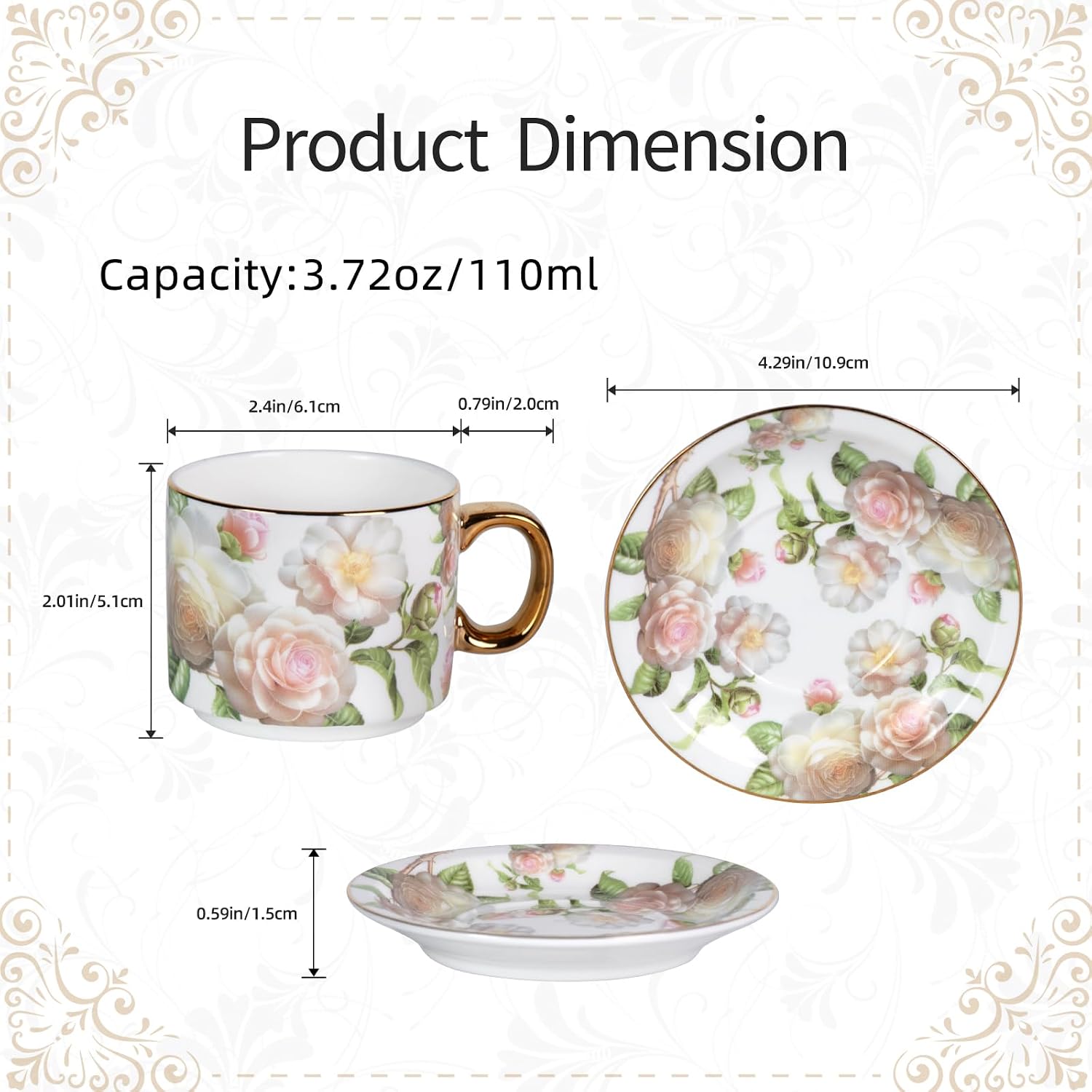 KAMMAK Tea Cups and Saucers Set of 2, Porcelain Coffee Cups, JBE025
