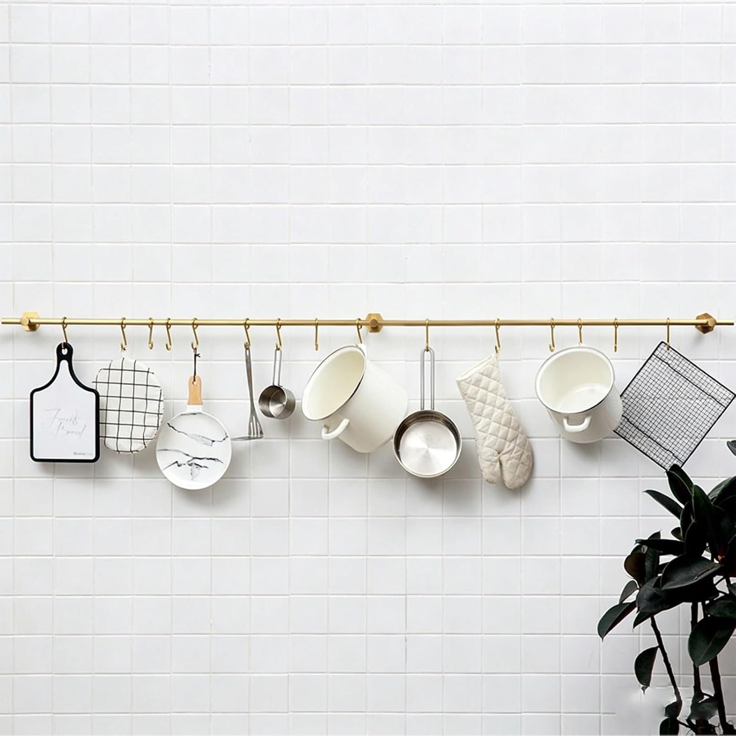 Brass Wall Mounted Kitchen Rail Pot Rack with 5 Hooks, Heavy Duty Utensil Hanging Bar Storage Organizer for Kitchen, Bathroom & Living Room(50cm/19in)