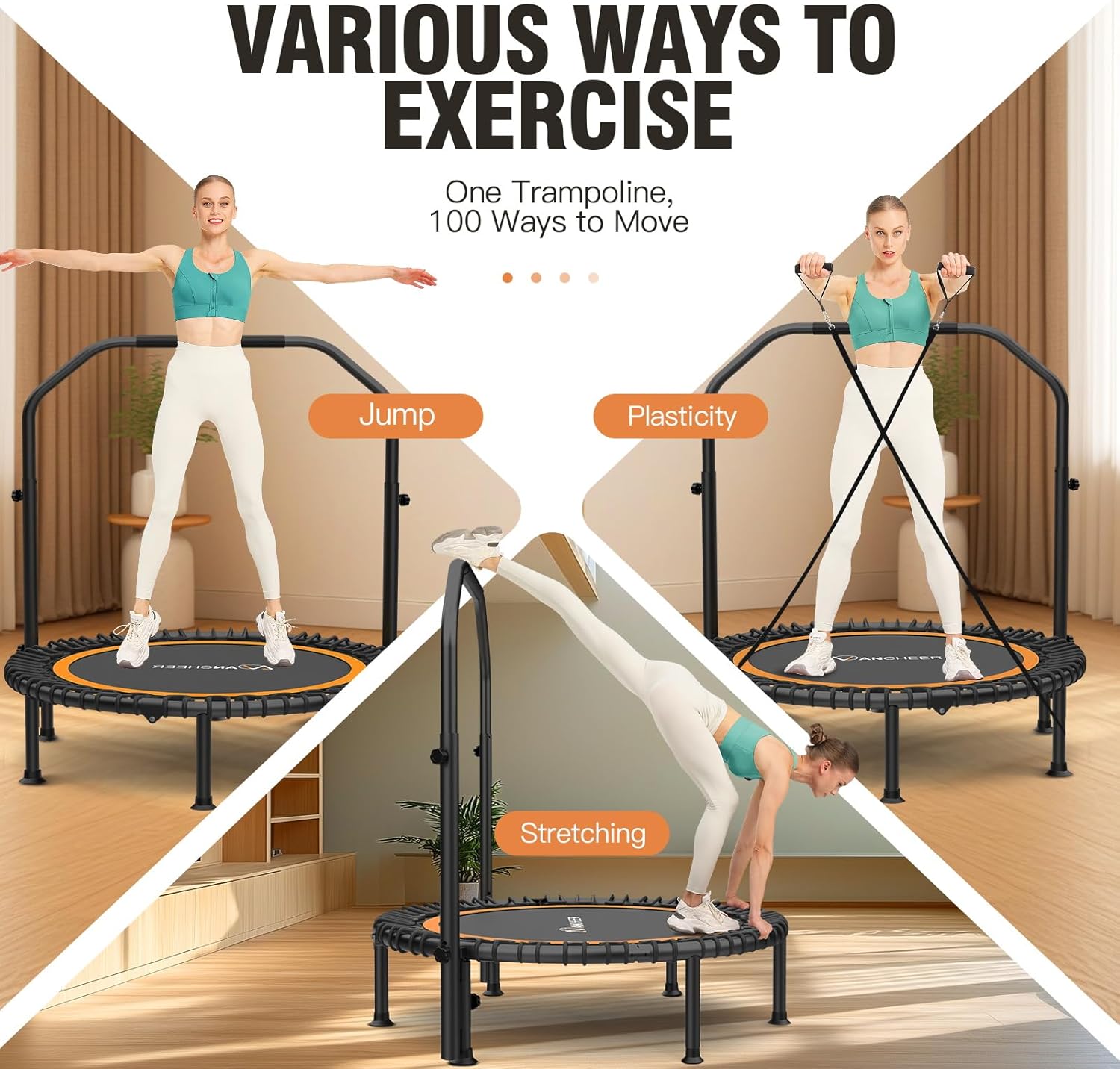 ANCHEER 40"/48" Foldable Mini Trampoline,Max Load 450lbs/550lbs Indoor Trampoline,with 4 Level Adjustable Foam Handle and Resistance Bands,Adult Exercise Trampoline for Home, Garden, and Gym