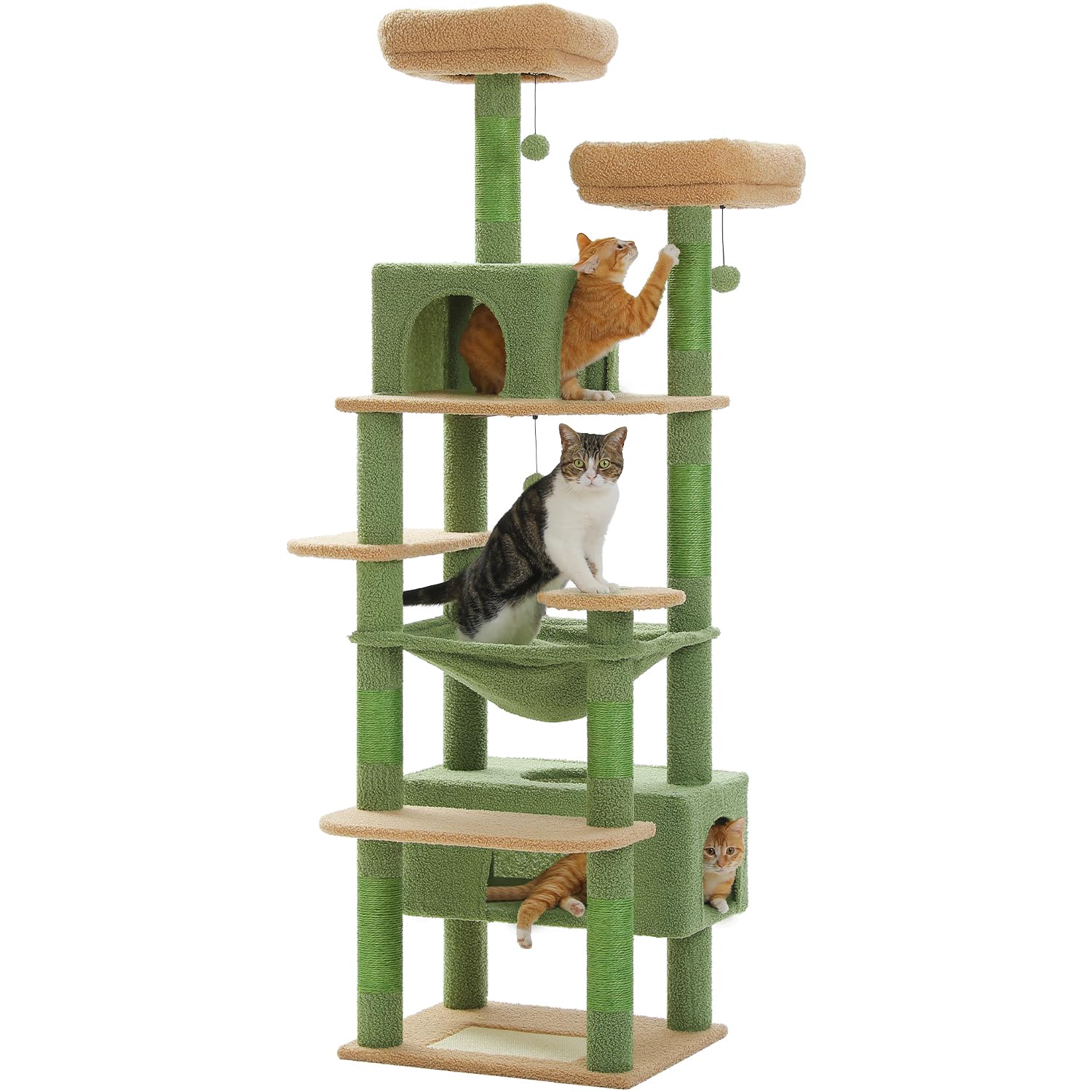 PAWZ Road Cat Tree for Large Cats 184cm, 6.1ft Large Cat Tower with Sisal-Covered Scratching Posts and Pads, 2 Padded Perch, Dual Condo and Basket for Indoor Cats-Green, 72.4 Inches