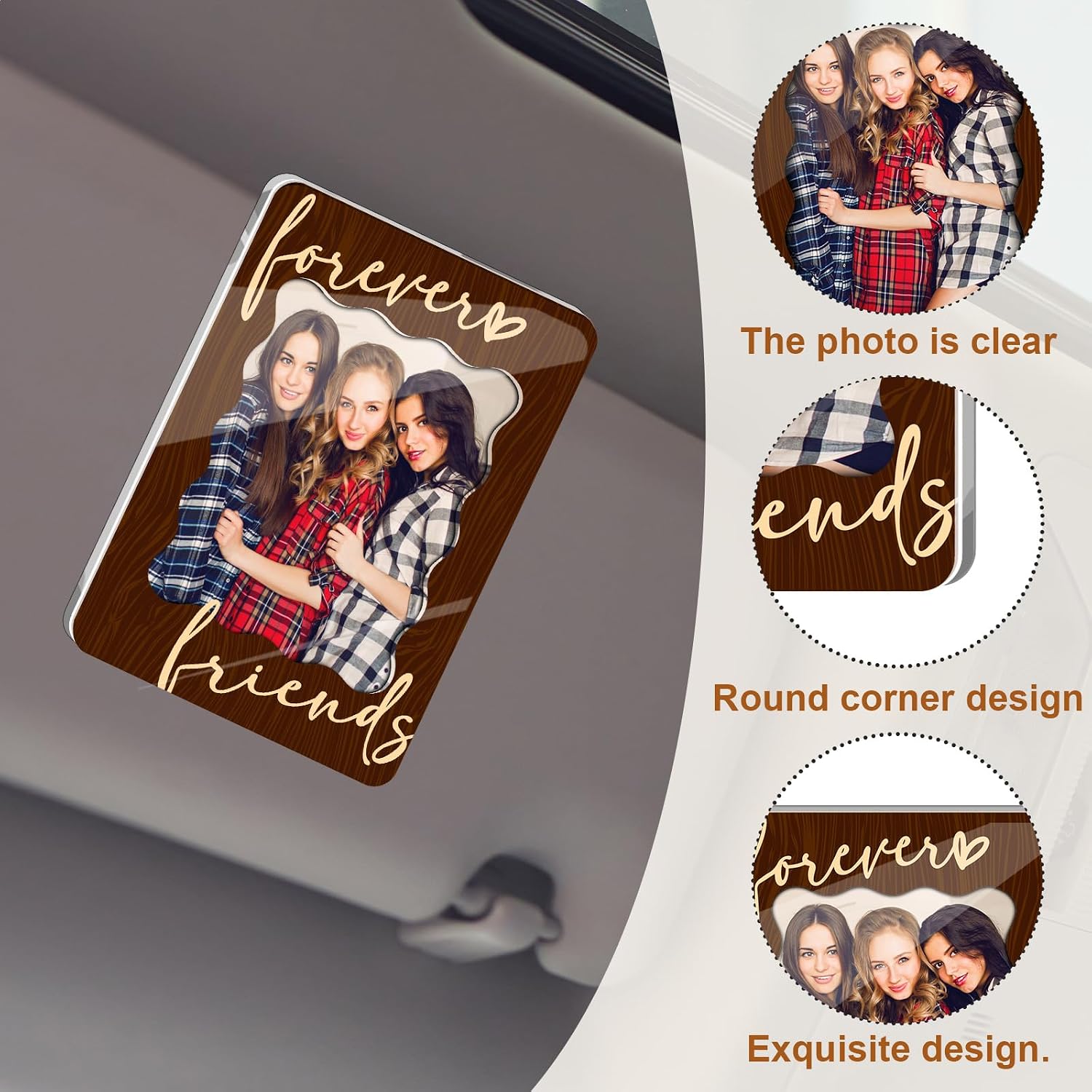 Car Sun Visor Picture Frame, Forever Friends Acrylic Photo Holder Clip, Rustic Brown Wood Auto Interior Decor, Meaningful Friendship Travel Present for Besties Women image 4