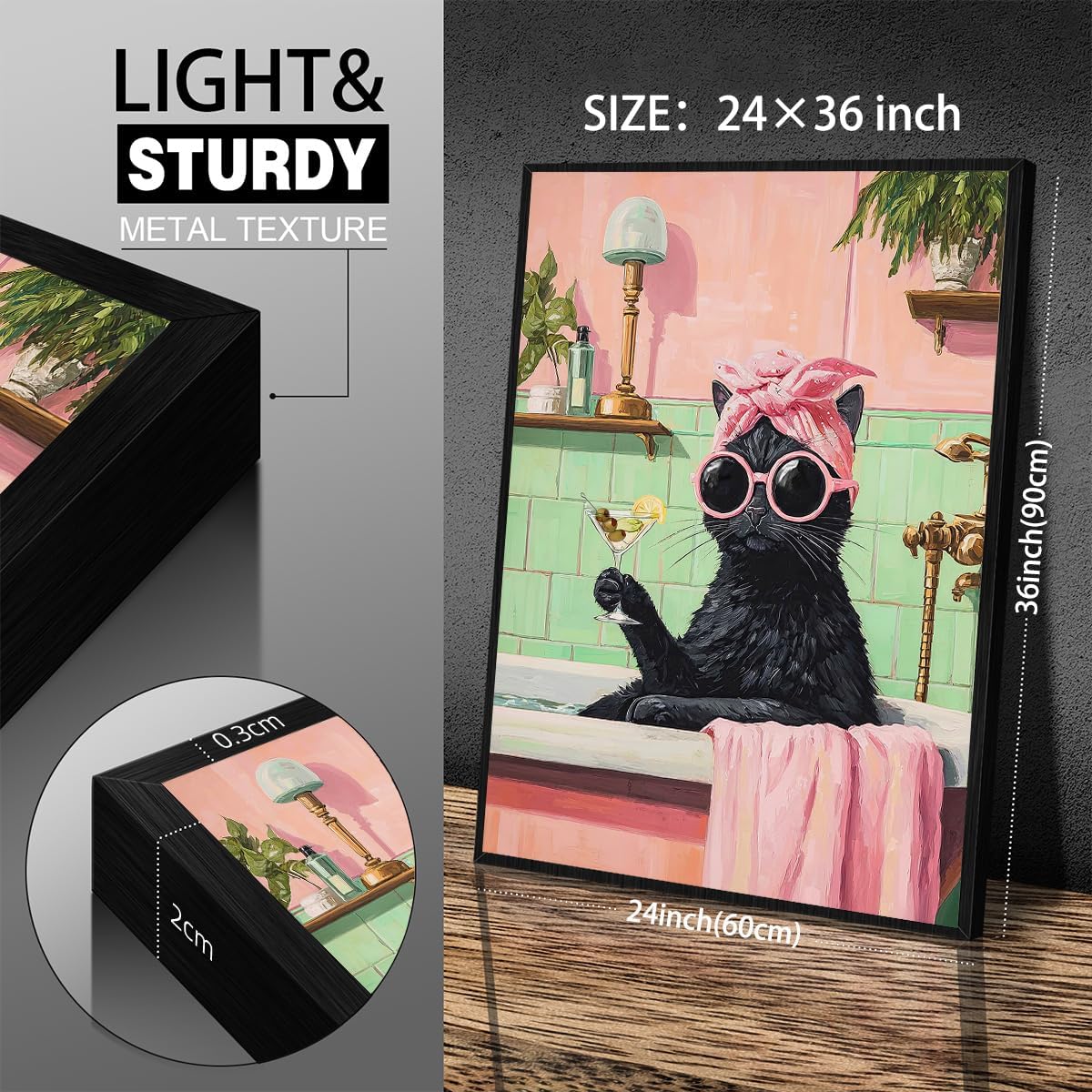Funny Bathroom Canvas Wall Art Humorous Black Cat Pictures Prints Cute Animal Posters 24x36in Black Framed Trendy Eclectic Cat Room Decor Aesthetic Pink for Home Decoration Kids Bathroom Toilet
