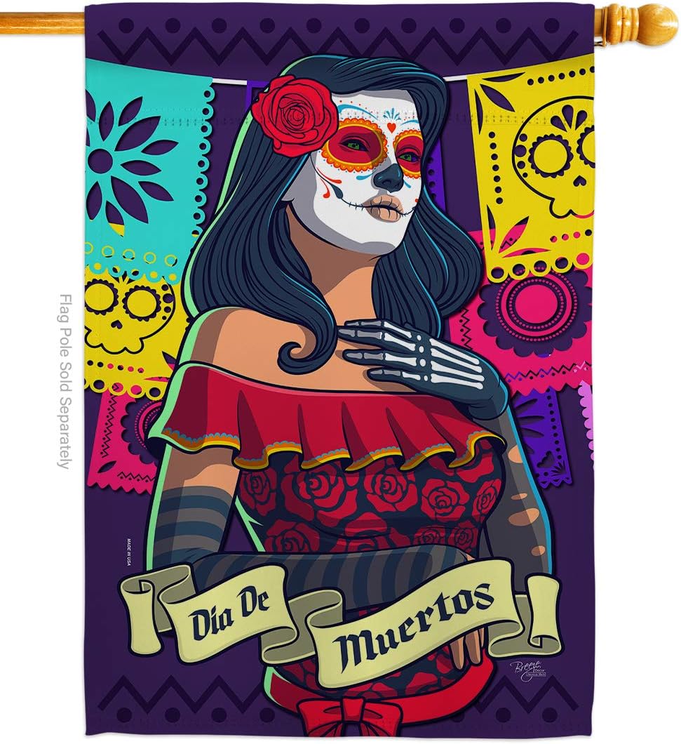La Calavera Catrina House Flag Falltime Day of Dead Dia De Los Muertos Fiesta Mexican Party Autumntime Small Decorative Gift Yard Banner Made In USA 28 X 40
