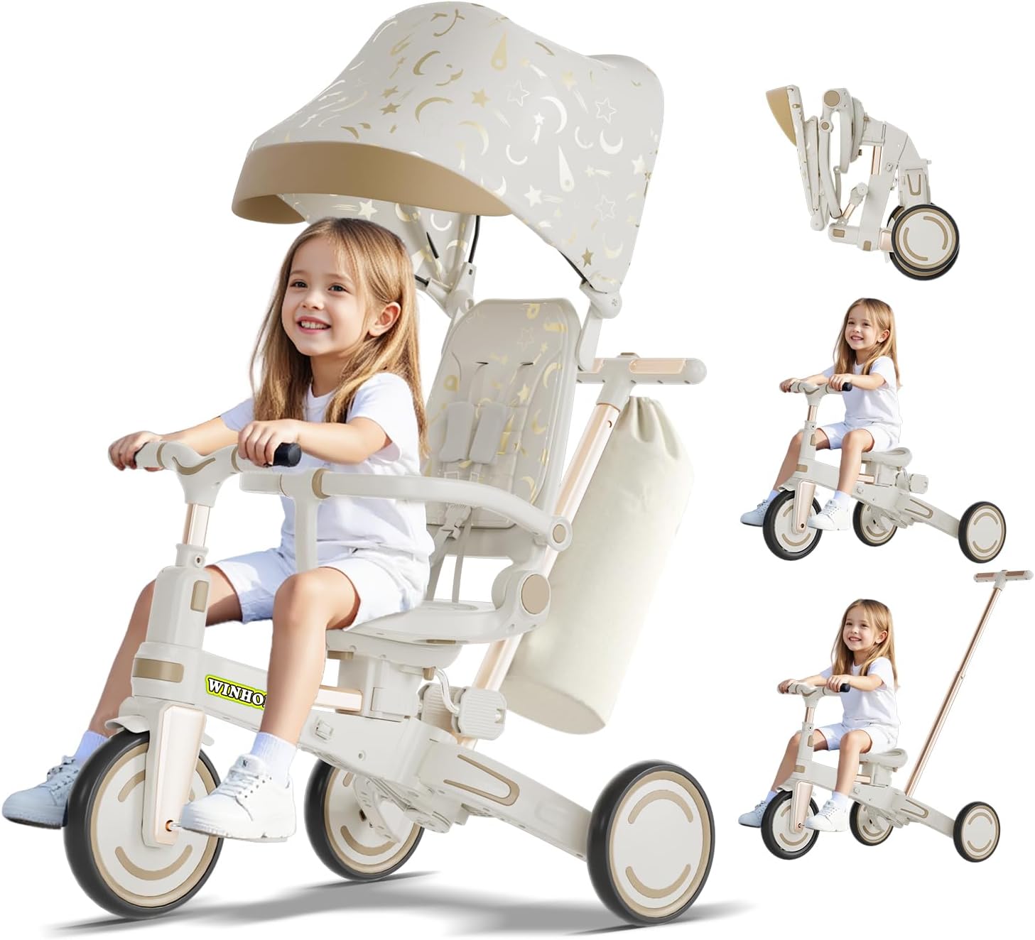 WinHope 9-in-1 Push Tricycle for Toddlers 1-3 Years | Convertible Kids Trike with Adjustable Parent Handle & Safety Harness, Lightweight Foldable Design + Storage Basket for Boys & Girls (White)