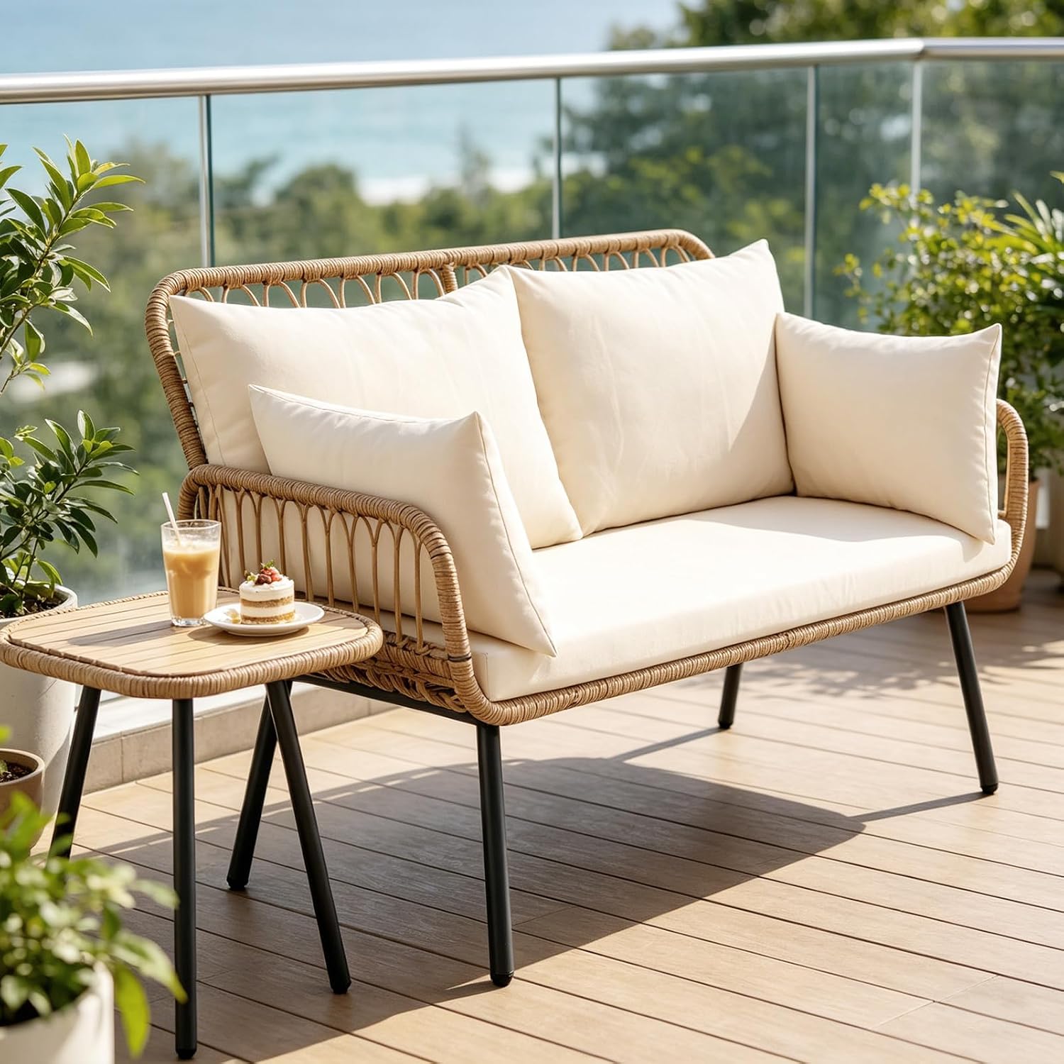 Tangkula Patio Wicker Loveseat, Outdoor 2-Seater PE Rattan Sofa with Pillows, Cushions, Metal Frame & Adjustable Foot Pads, 660 lbs Outside Couch for Porch, Backyard & Poolside (Beige, 47" L)