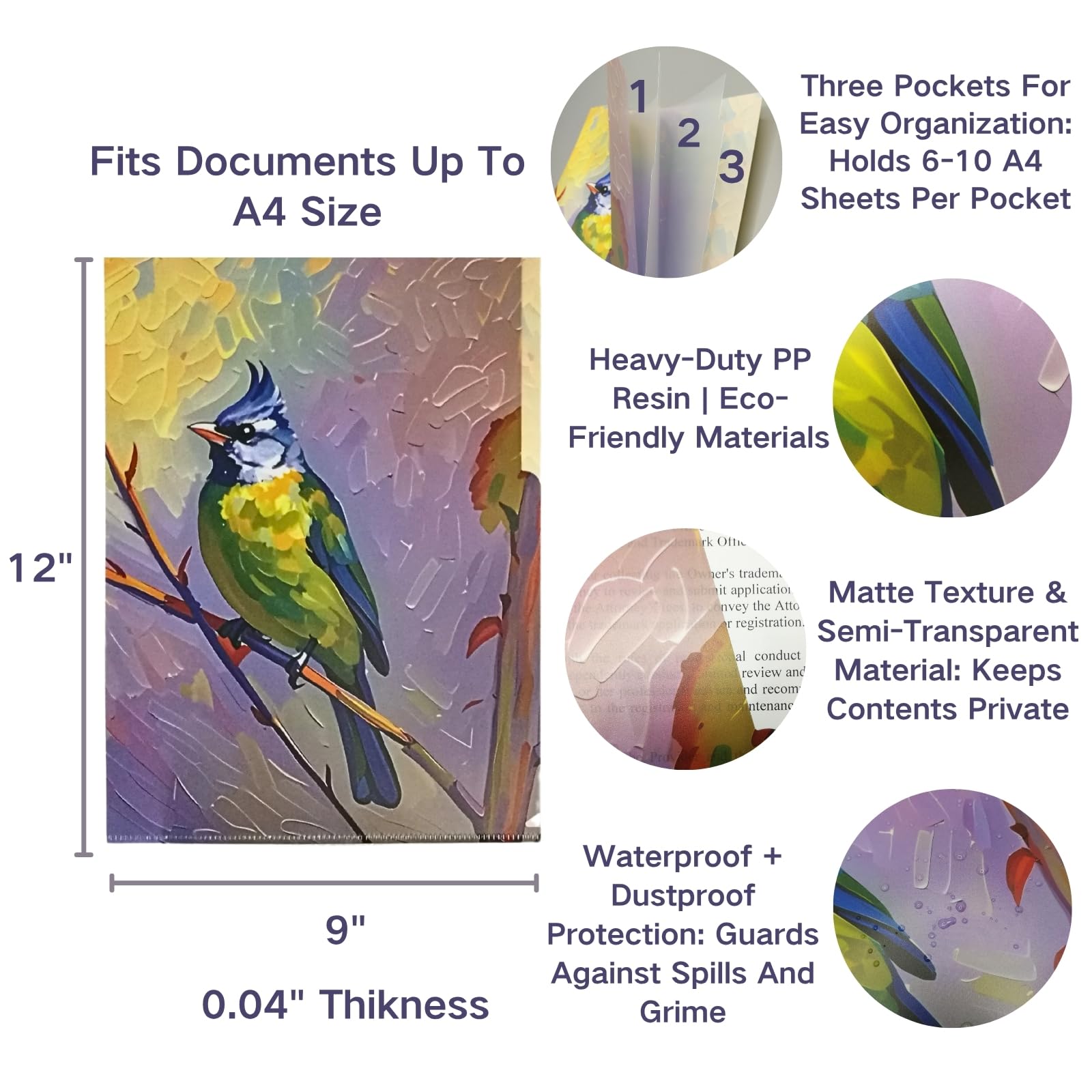 VIVALDI'S Seasons: Avian Impressions - Carpeta de documentos artísticos con 3 bolsillos en forma de L (4 unidades) | Diseño de pintura al óleo de pájaros impermeable | Embalaje artístico personalizado