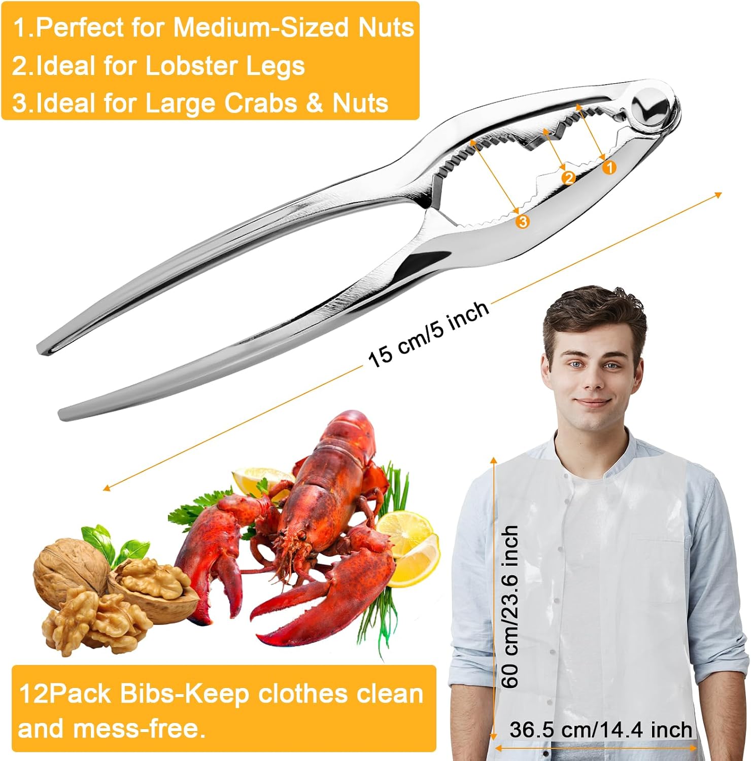 12Pack Crab Crackers and Tools Crab Legs Cracker Tool Set, Lobster Crackers, Heavy Duty Seafood Cracker, Nut Cracker (with 12 Plastic Bibs)