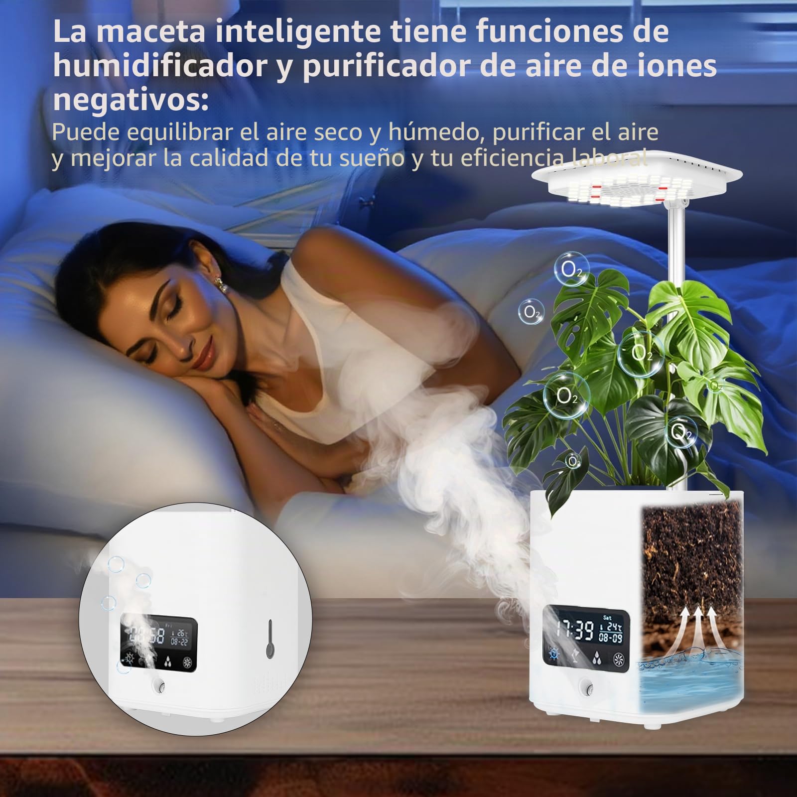 Maceta inteligente multifuncional, maceta verde hidropónica para interiores con altavoz Bluetooth, luz LED ajustable para plantas, humidificador, purificación de aire, lámpara de escritorio