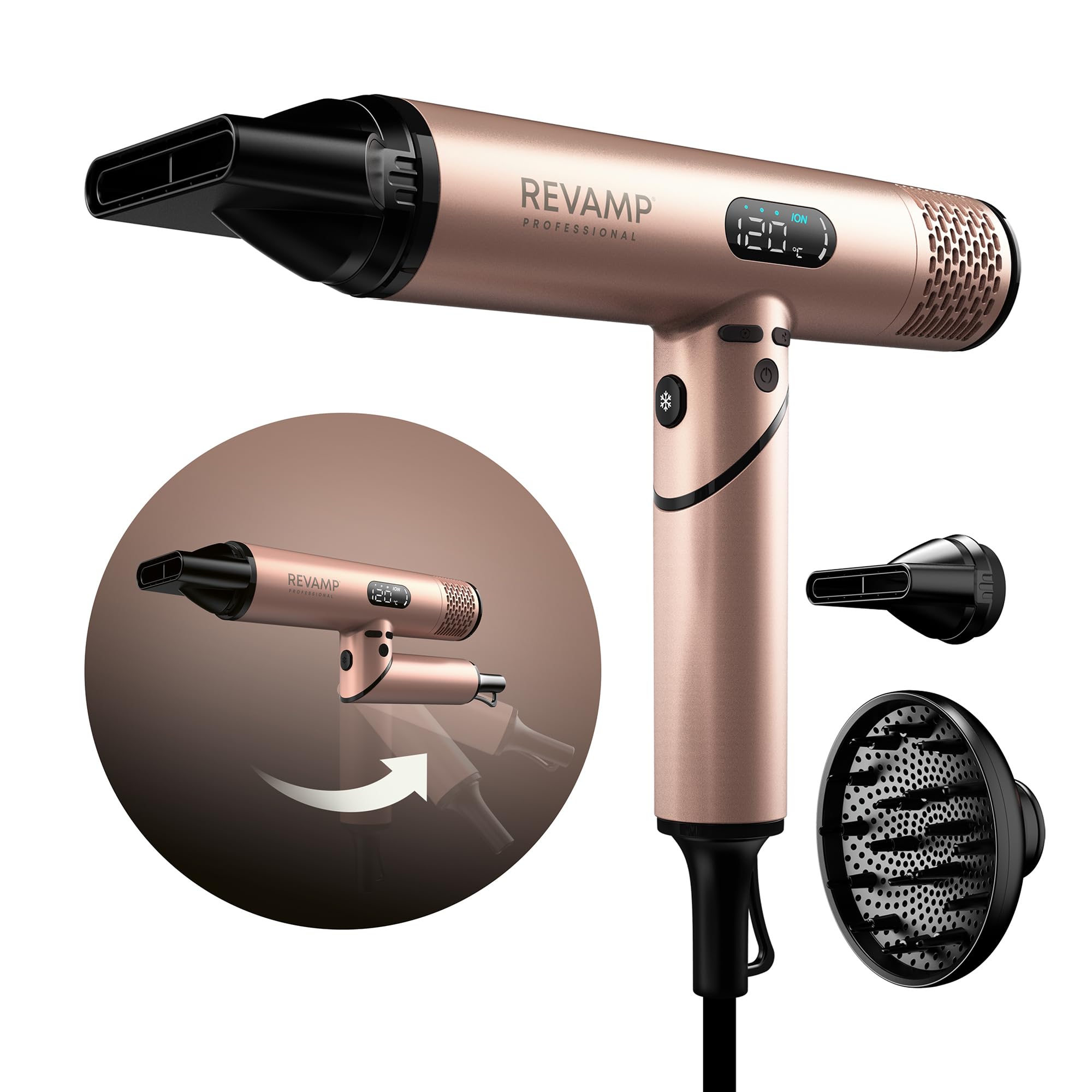 REVAMP Dynamic Radiance X Shine Ionic Portable Hair Dryer, Brushless Motor for Quiet, Powerful, Fast Drying - Lightweight, Easy Travel, Cold Setting - 3 Magnetic Attachments for Professional Styling