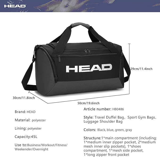HEAD 45L Waterproof Tennis Duffel Bag for Men, Large Capacity Sports Gym Bags with Shoes Compartment, Lightweight Crossbody Duffle Bag for Business/Workout/Fitness/Weekender/Overnight