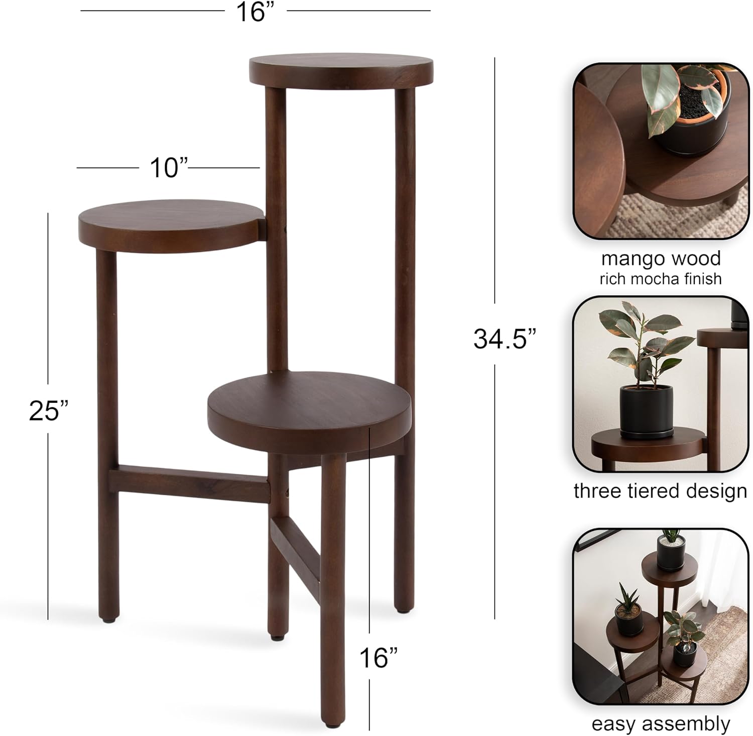 Kate and Laurel Fitley Modern Three-Tier Freestanding Plant Stand, 16 x 16 x 35, Dark Brown, Decorative Tiered Mango Wood Plant Stand for Useful House Plant Decor