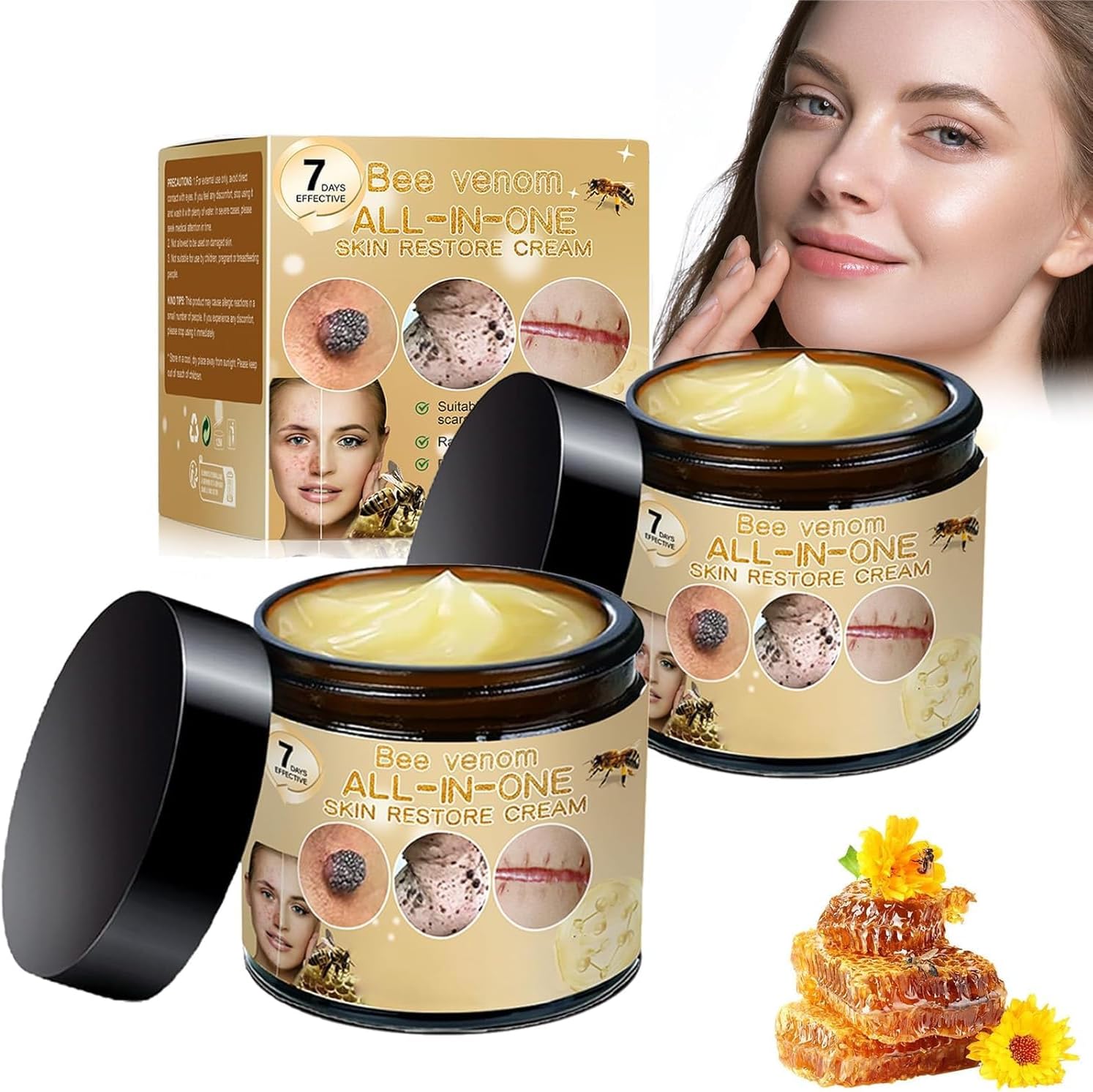 Bee Venom All-In-One Cream, Bee Venom Skin Treatment Cream, 2025 Comprehensive Care Repair, Wrinkle Removal, Moisturizing 2PC