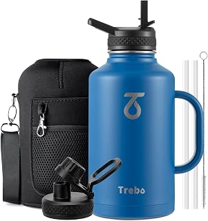 Trebo 64 oz Insulated Water Bottle with Side Handle and Straw Spout Lids | Half Gallon Water Jug, Triple Wall Stainless Steel, with Strap Carrying Sleeve, for Gym Hiking, Cold 48 Hrs Hot 24 Hrs
