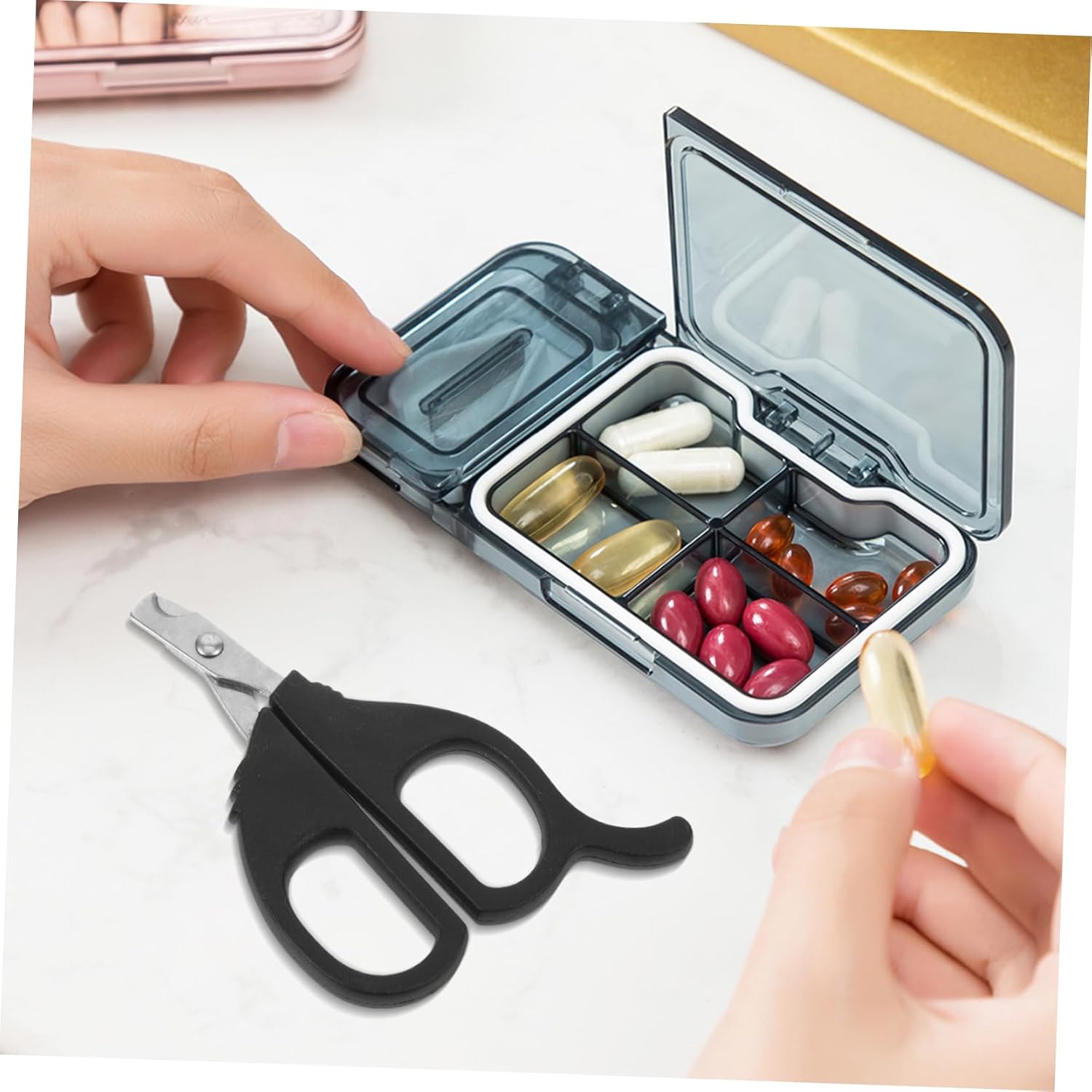Mobestech Ergonomic Pill Cutter Scissors for Tablets Portable Medicine Splitter Tool Double Blades for Easy Cutting for Small Pills and Medication