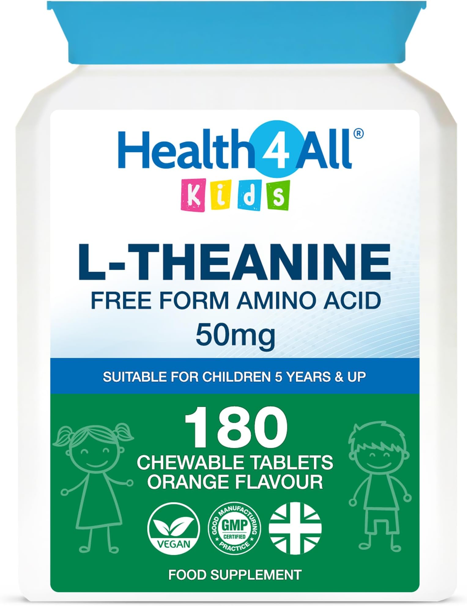 Health4All Kids L-Theanine 50mg 180 Chewable Tablets 6 Months Supply, Supports Focus, Attention & Concentration in Children, Orange Flavour Sugar-Free L-Theanine Supplement | Made in UK (not Gummies)