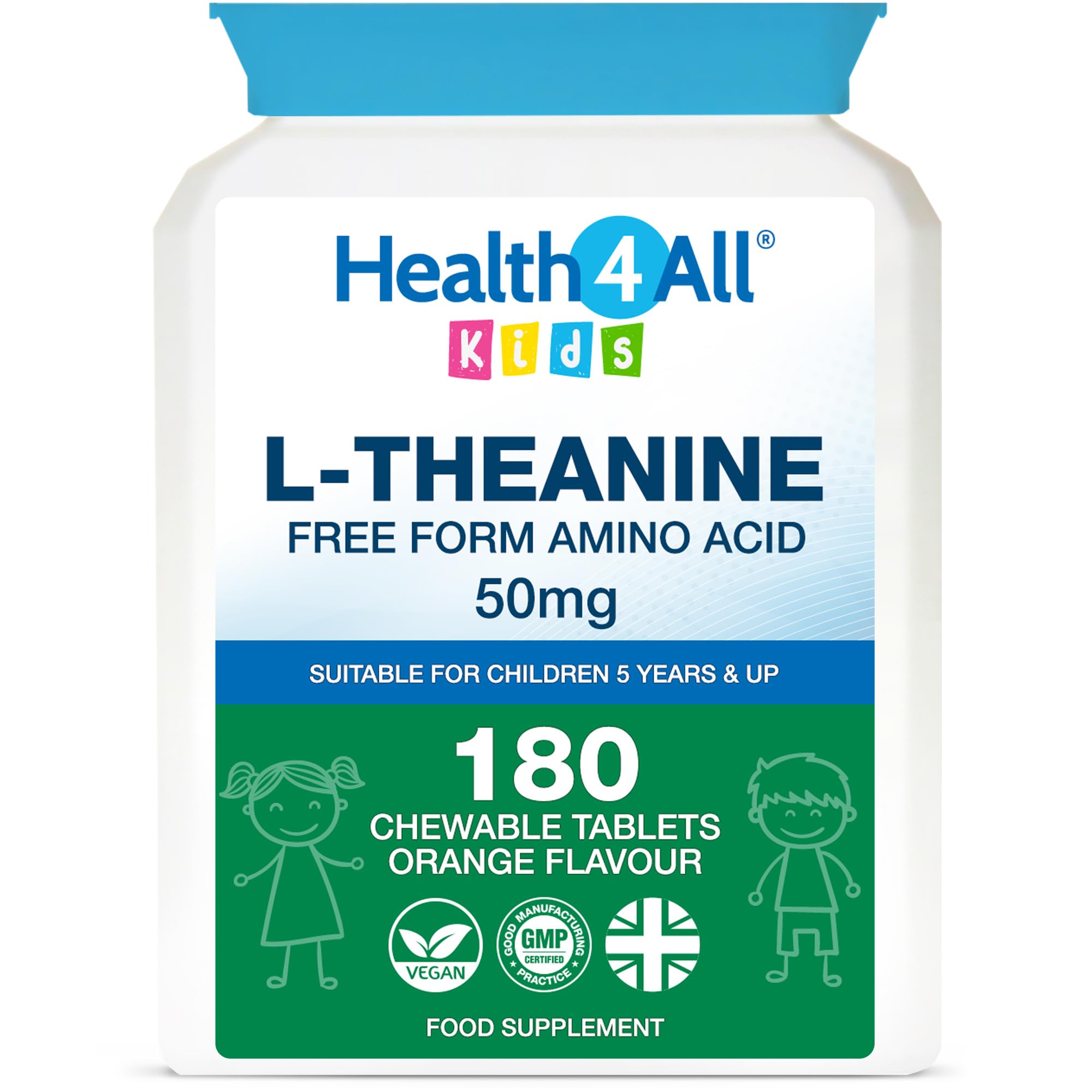 Kids L-Theanine 50mg 180 Chewable Tablets 6 Months Supply, Supports Focus, Attention & Concentration in Children, Orange Flavour Sugar-Free L-Theanine Supplement | Made in UK (not Gummies)