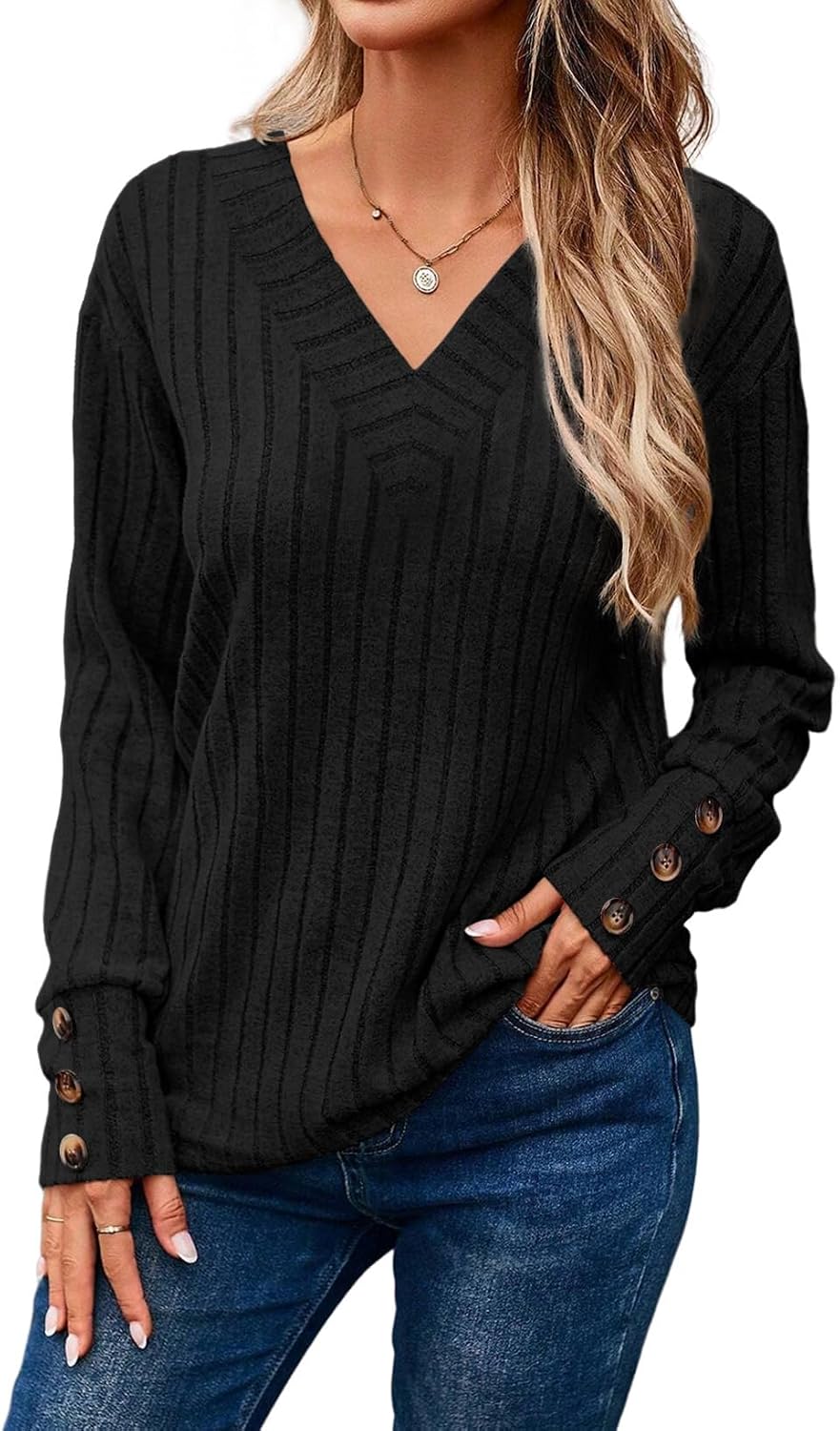 Dokotoo Womens Soft Long Sleeve V Neck Shirts 2026 Spring Solid Casual Decorative Buttons Knitted Pullover Tunic Tops