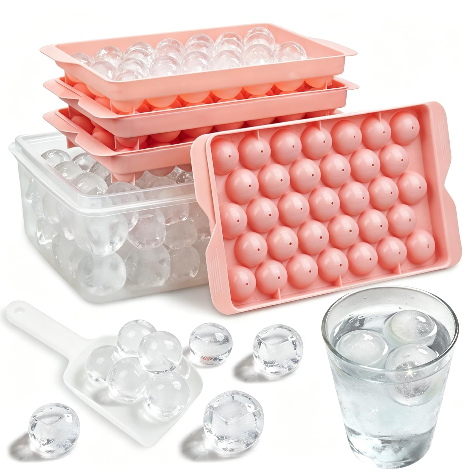 4 Ice Cube Trays with Lid,Round Ice Cube Moulds with Storage Container,Release Sphere Ice Mold for Freezer,Reusable Round Ice Balls Maker, Cocktails, Whiskey, Coffee,Ice Scoop