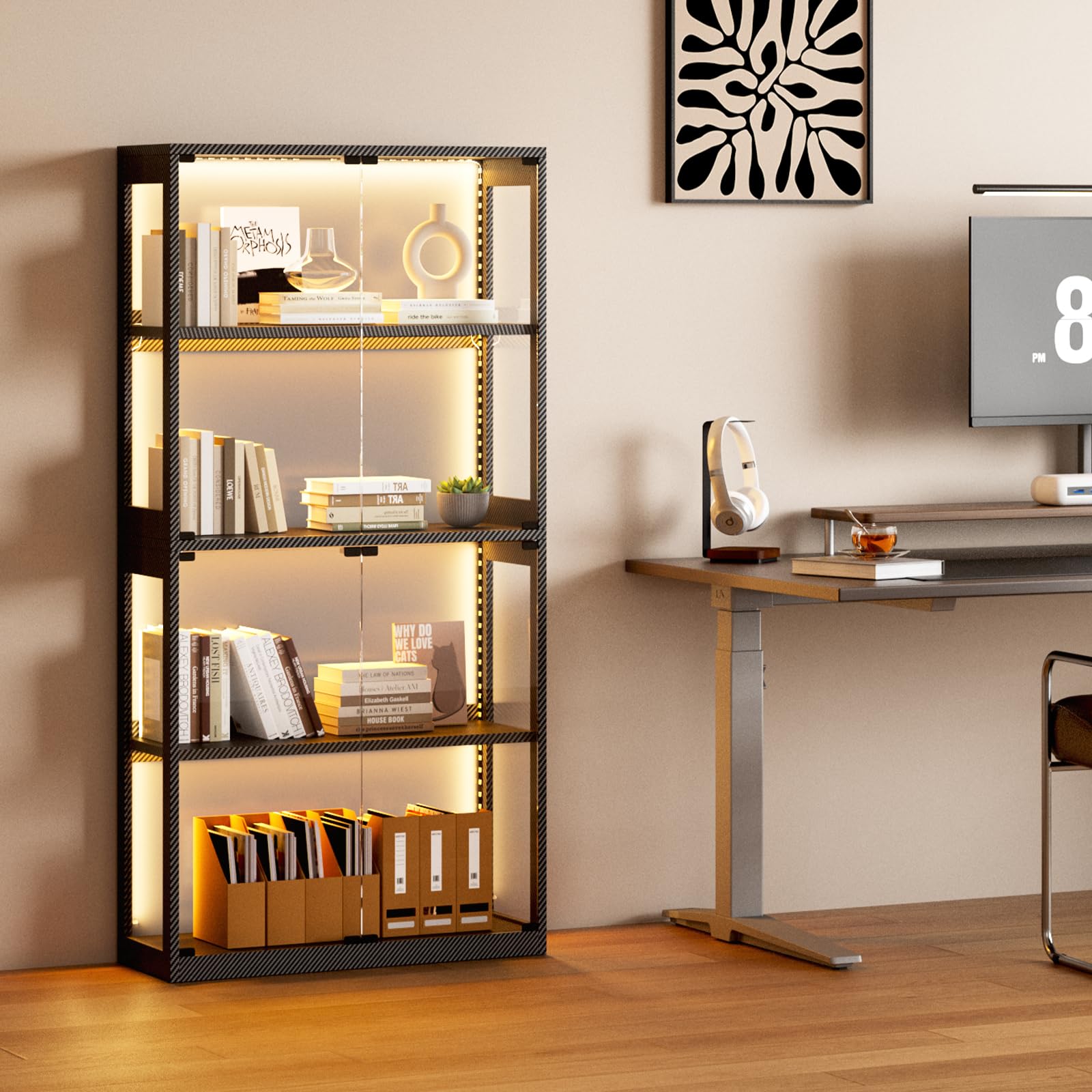 Coleshome Vitrina Cristal LED 4 Estantes, Expositor Puertas, 160cm, Negro | Montaje Fácil Acrílico 360° Anticaída Mando Fibra Carbono Cerrado Salón Oficina Gaming