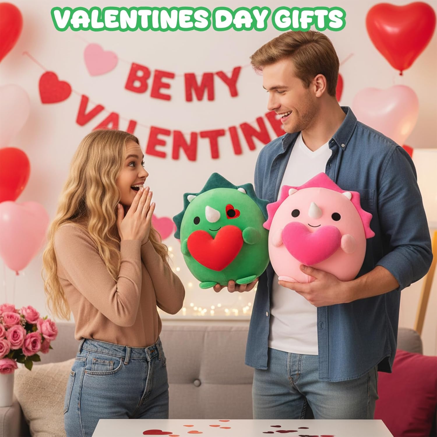 Finebee Dinosaur Stuffed Animal, Valentines Dinosaur Plush, Cute Dino Plushies Toy with Heart Valentines Day Gifts for Kids Friends Lover (Green Triceratops,10 Inch)