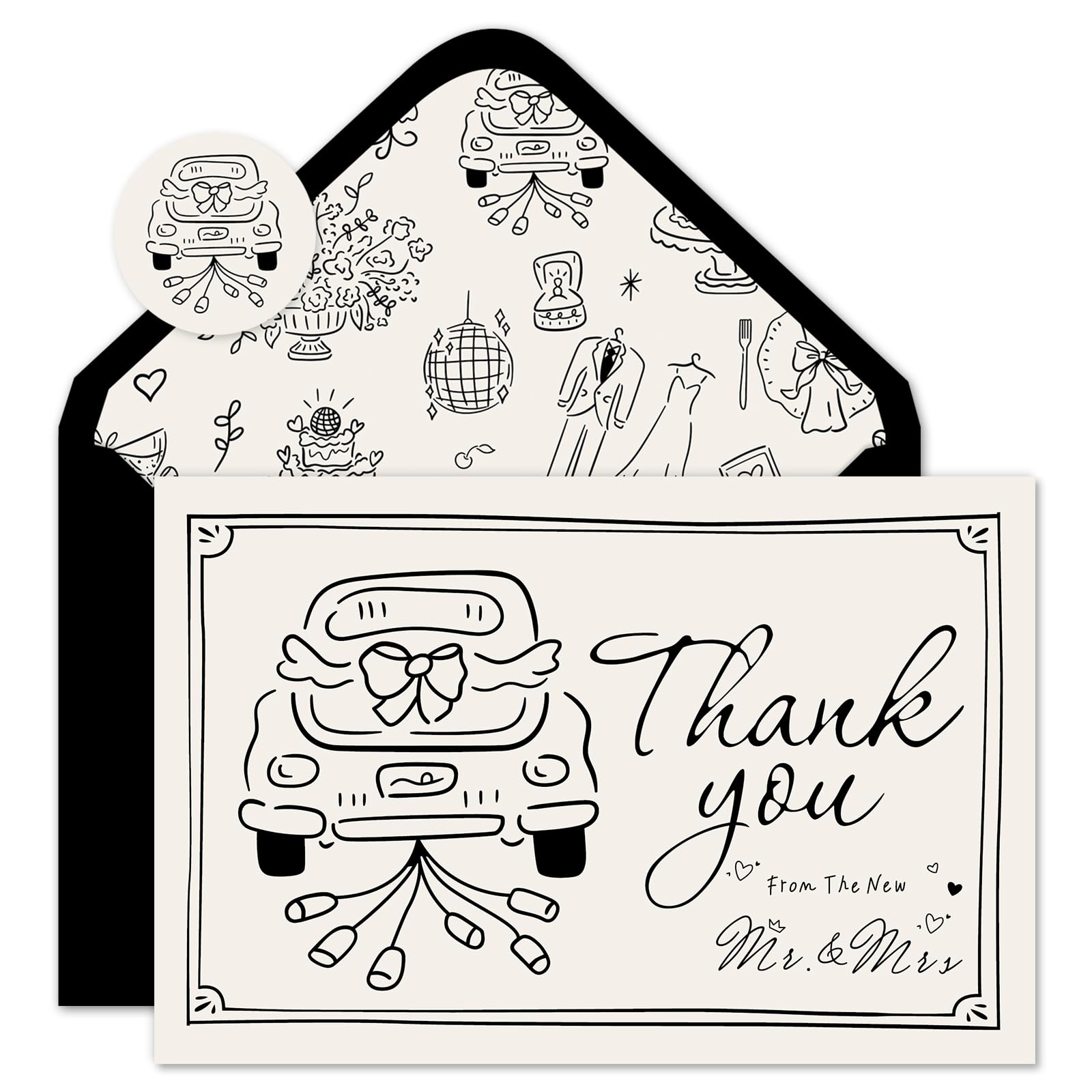 Whaline 24 Pack Wedding Thank You Cards Black The New Mr & Mrs Car Cake Thank You Greeting Note Cards with Envelope Sticker for Bridal Shower