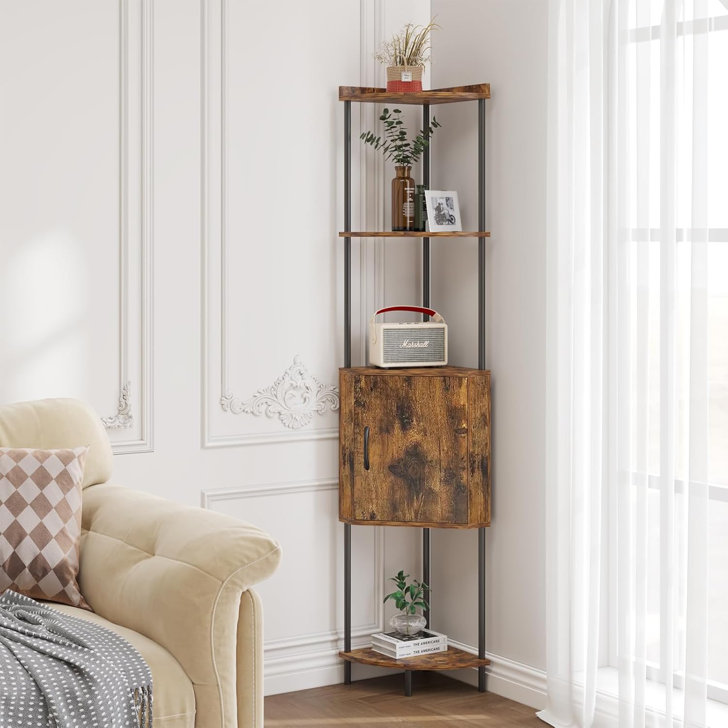 65.7" Rustic Brown Corner Bookshelf with Doors, 5 Tier Tall Corner Cabinet with Storage, Metal & Wood Corner Shelf Unit for Living Room, Bedroom, Kitchen, Bathroom