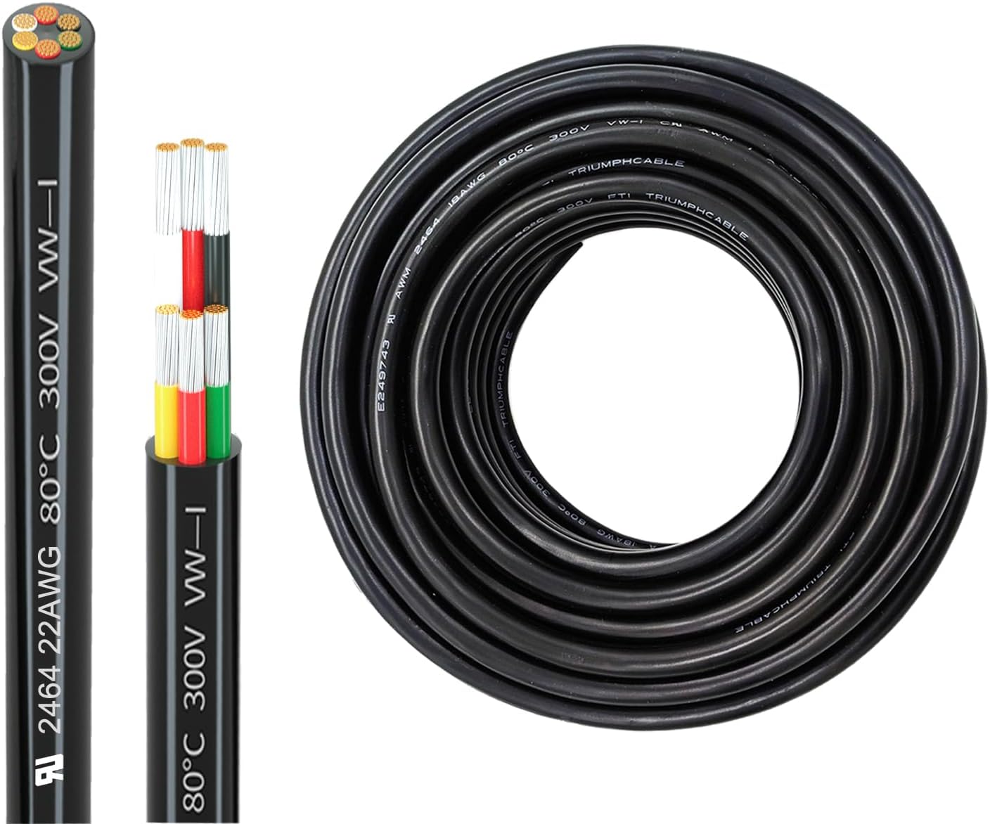 22 Gauge Wire, 6-Conductor Electrical Wire. 22 AWG Stranded Flexible PVC Tinned Copper 22/6 Cord Extension Cable is Used for LED Lamp Lighting, Automotive, Speaker, Audio, Power, etc. (33FT - 10M).
