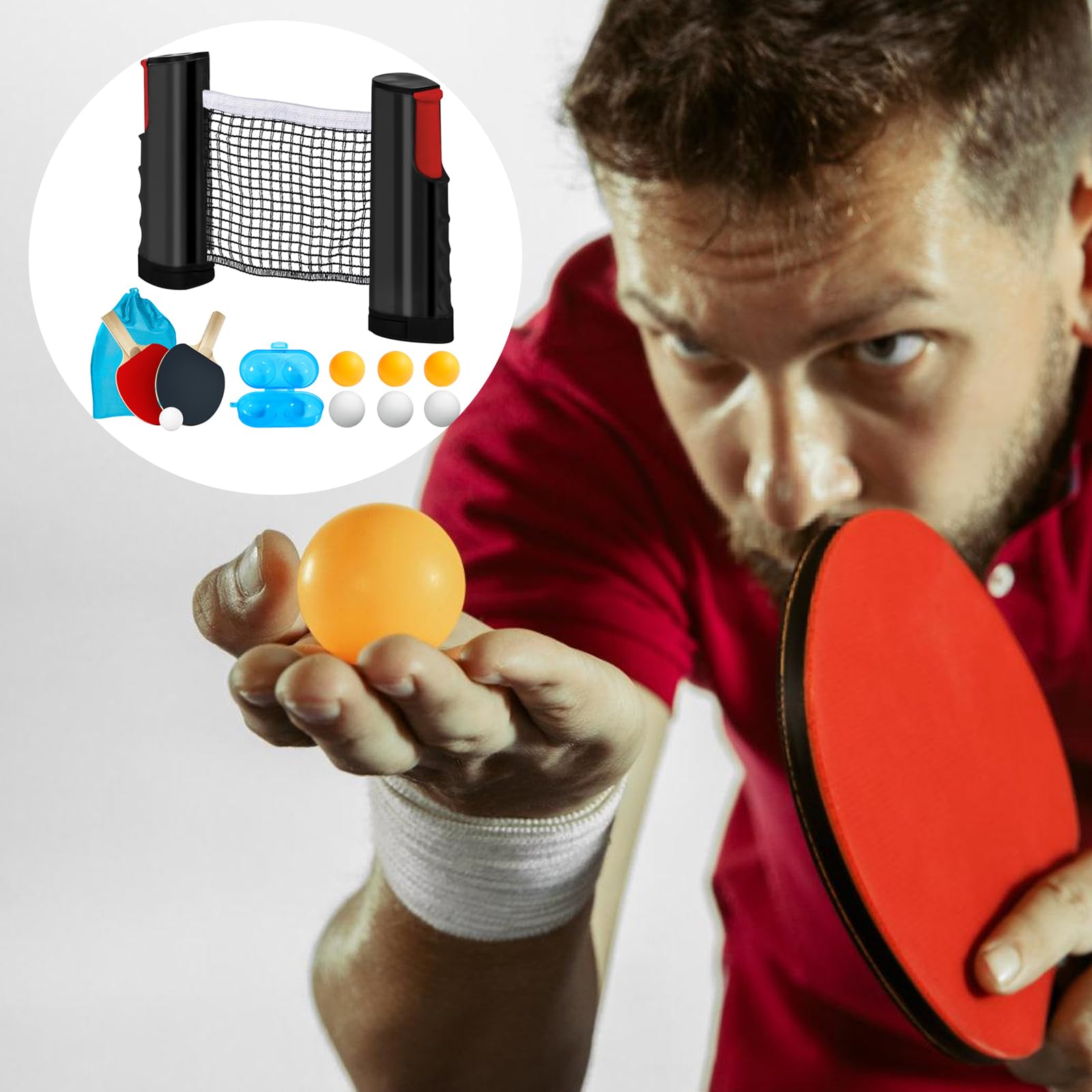 Ensemble de raquettes de tennis de table professionnelles : 2 raquettes de tennis de table + filet rétractable + 6 balles de tennis de table + 1 sac de transport + 1 boîte à balles, ensemble de