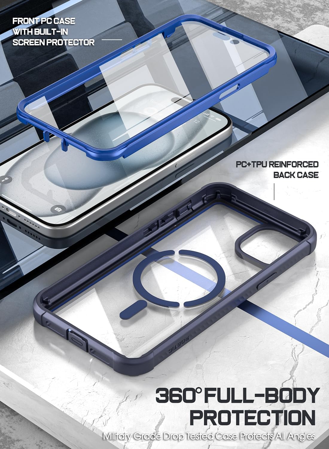 Poetic Guardian MagPro Case for iPhone 15 6.1 Inch,[Compatible with MagSafe][20 FT Mil-Grade Drop Tested] Full-Body Shockproof Rugged Clear Cover with Built-in Screen Protector, Blue/Clear