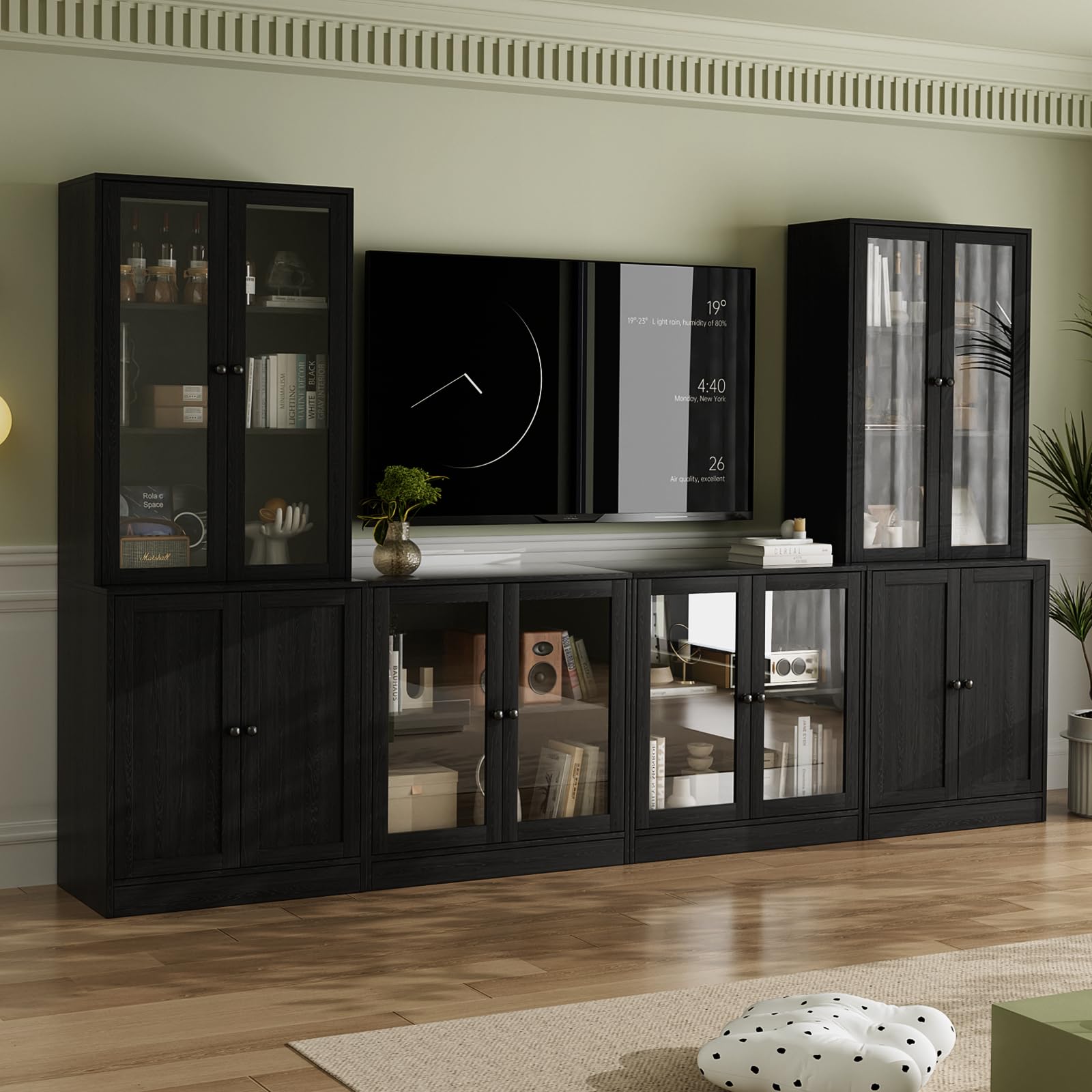 VOWNER Grand Meuble TV Bibliothèque pour Télé jusqu'à 70", 280x180.3x40cm Meuble TV Suspendu avec Portes en Verre et Étagères, Meuble Télé Bois pour Salon, 2B+2D (Noir)