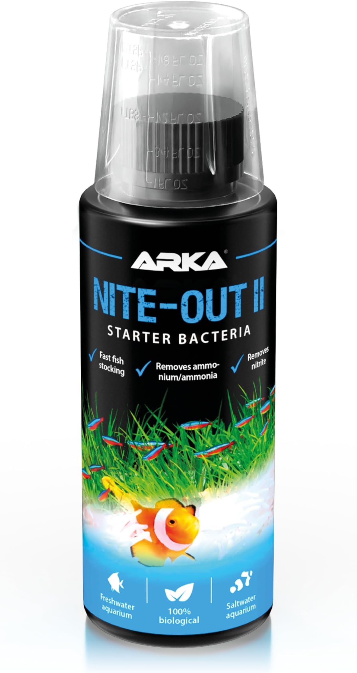 Starter bacteria aquarium 118 ml โ safe start for small aquariums & fish stocking โ reduces ammonia & nitrite naturally โ stabilises water quality & biological balance โ ARKA Nite-Out II