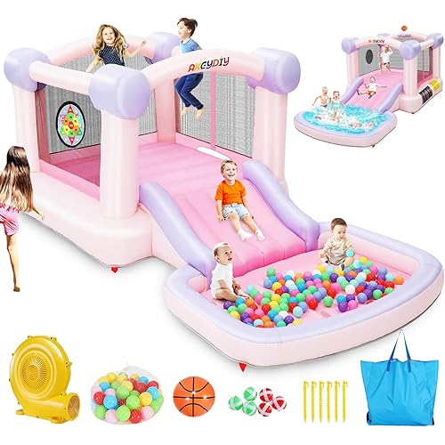 Bounce House with Ball Pit, Inflatable Bouncy House for Kids All in One Jumping Castle, Wide Slide, Pool, Basketball Hoop, Blower Included for Indoor Outdoor Backyard Party