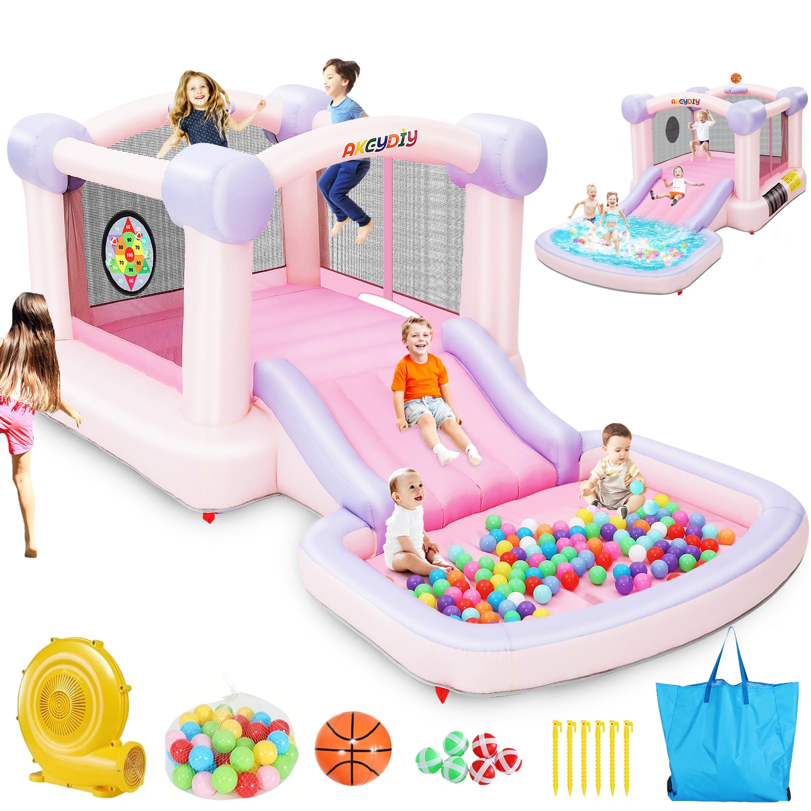 Bounce House with Ball Pit, Inflatable Bouncy House for Kids All in One Jumping Castle, Wide Slide, Pool, Basketball Hoop, Blower Included for Indoor Outdoor Backyard Party